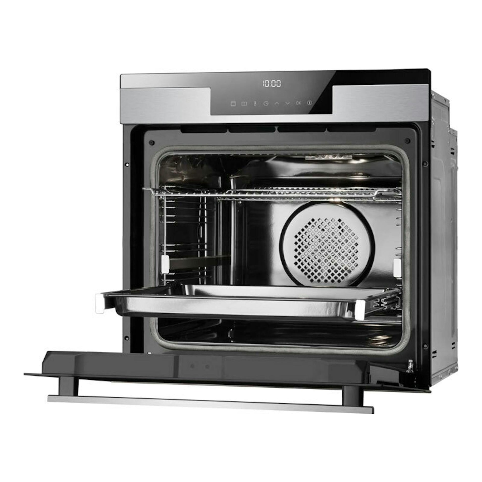 Horno Fagor 9H-195TCX inox, vista frontal con la puerta abatible abierta y bandeja extraíble.