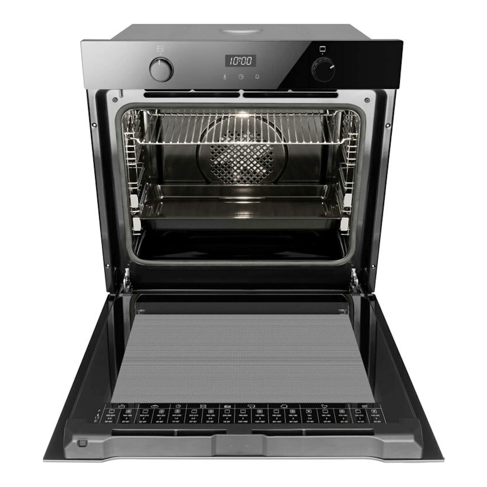 Horno Fagor 9H-755AN de cristal negro, vista frontal con la puerta abatida y el interior visible.