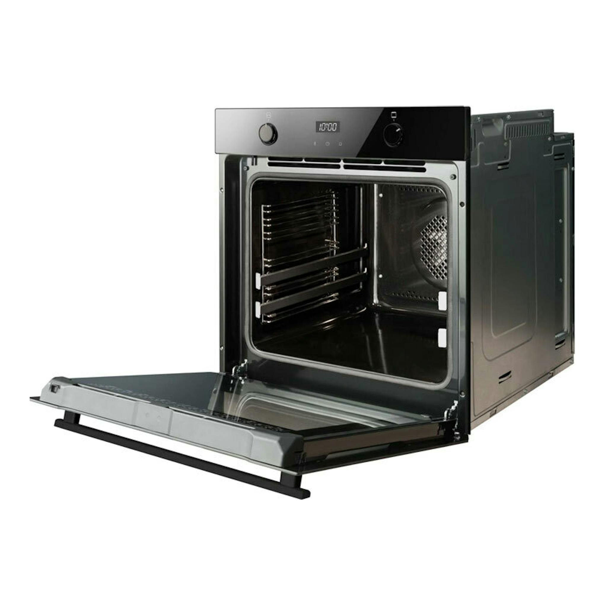 Horno Fagor 9H-755AN de cristal negro, vista frontal con la puerta abatida y el interior abierto.