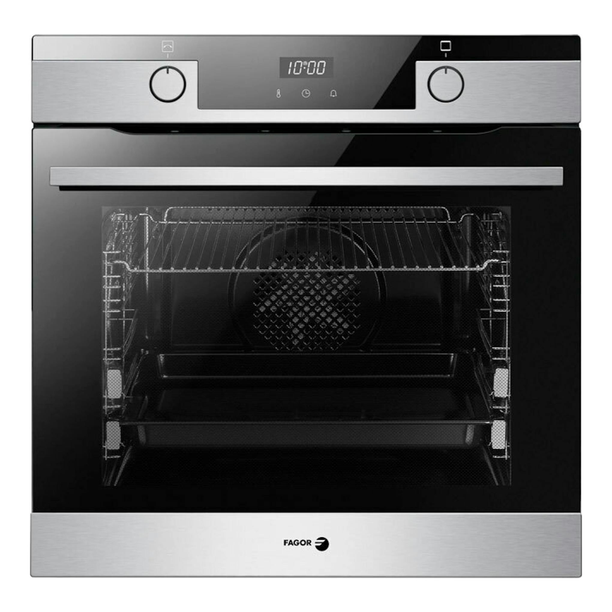 Horno Fagor 9H-755AX inox, vista frontal, puerta de cristal negra, panel superior plateado y dos mandos.