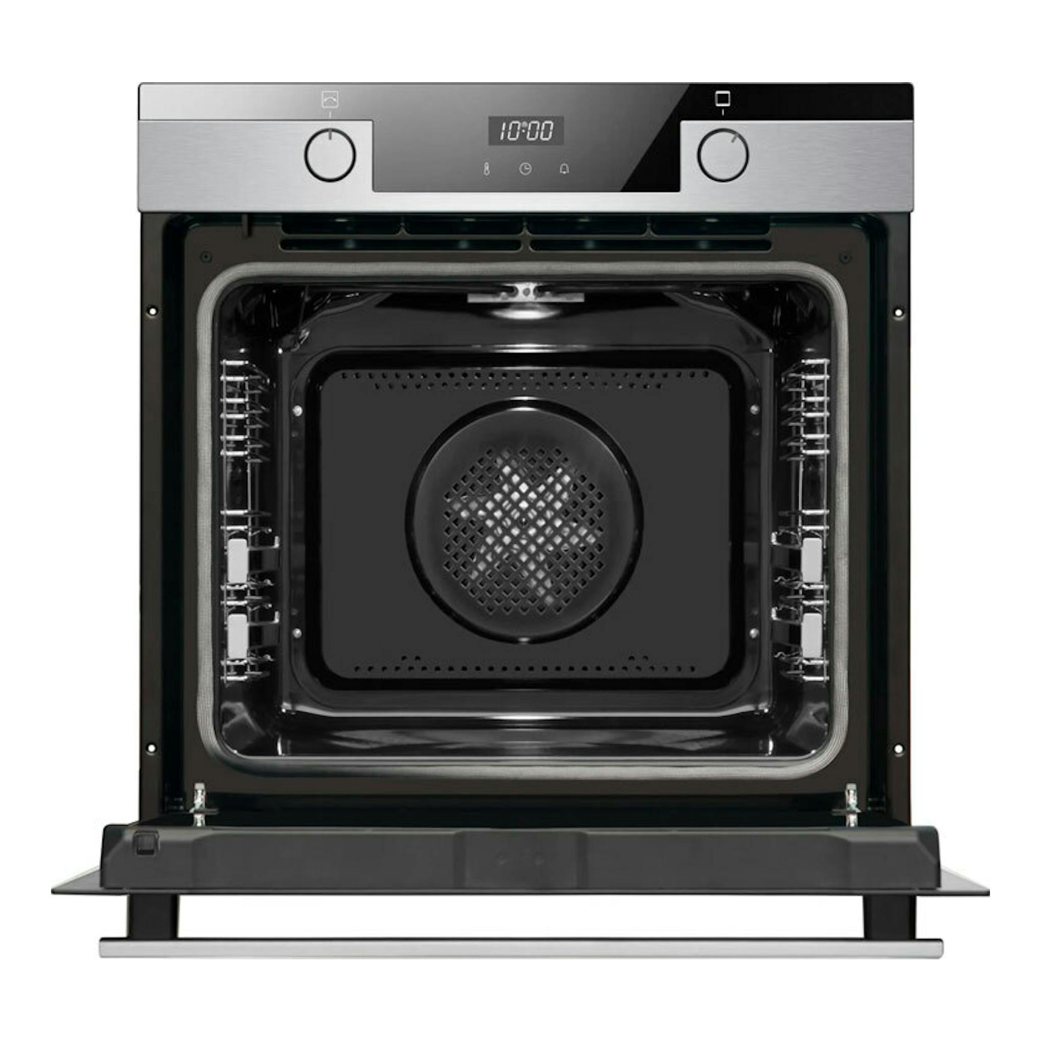 Horno Fagor 9H-755AX inox, vista frontal con puerta abatible abierta y panel digital.
