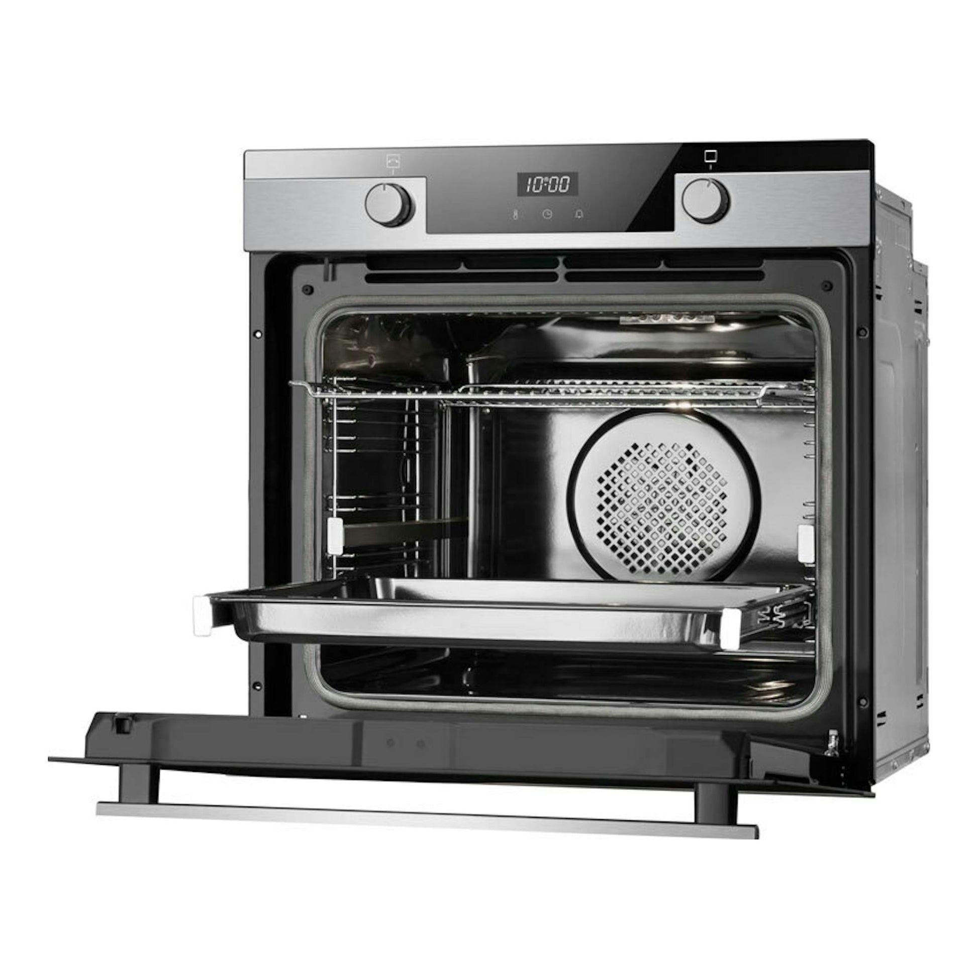 Horno Fagor 9H-755AX inox, vista frontal con puerta abatible abierta, panel con dos mandos e interior metálico.