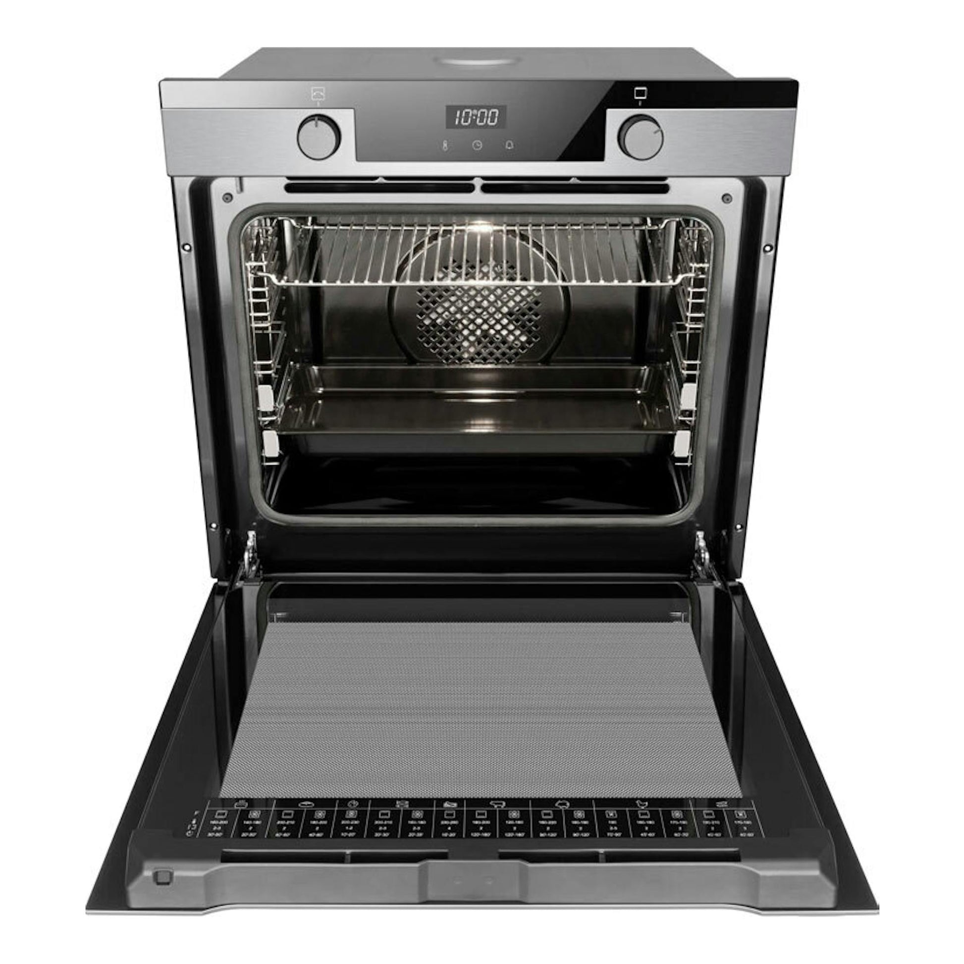 Horno Fagor 9H-755AX inox, vista frontal, puerta abatida abierta y cavidad interior en acero inoxidable.