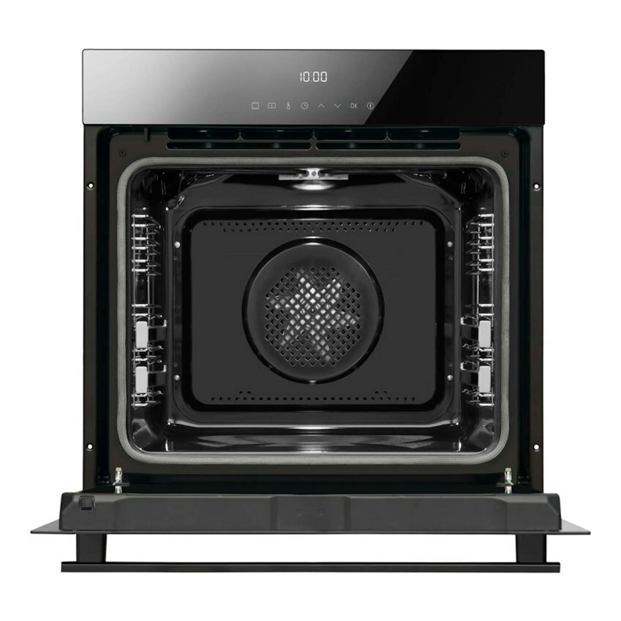 Horno Fagor 9H-760TCN de cristal negro, vista frontal con la puerta abatible abierta.