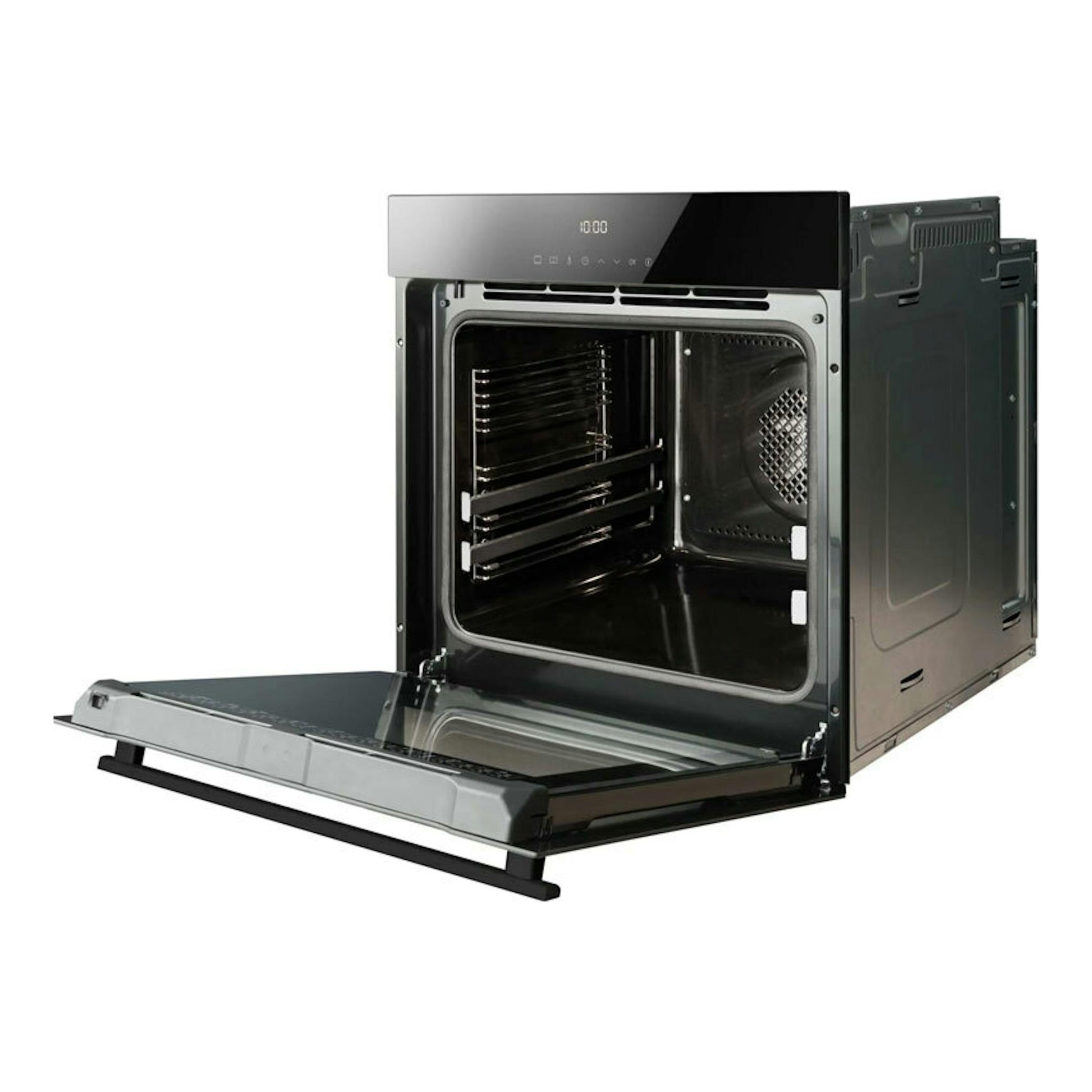 Horno Fagor 9H-760TCN de cristal negro, visto de tres cuartos con la puerta abatible abierta y el interior visible.