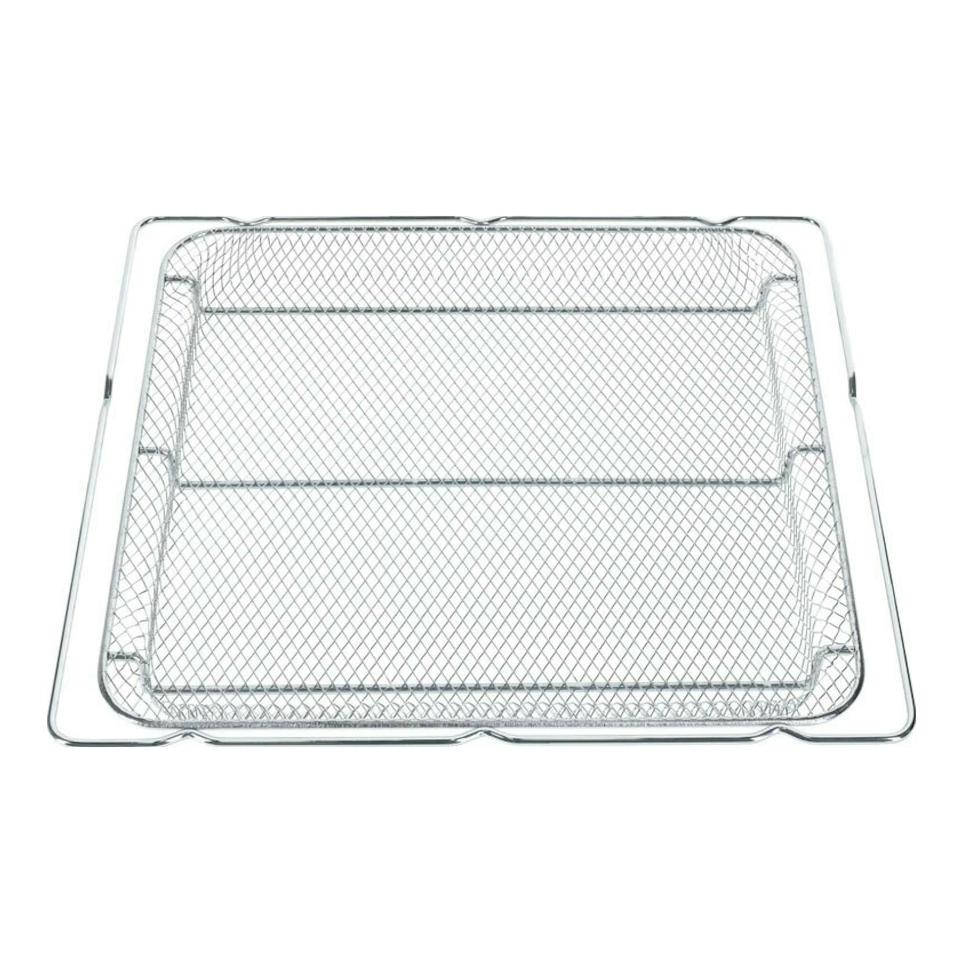 Bandeja/rejilla metálica para horno, vista superior, color plata, con malla y marco rectangular.