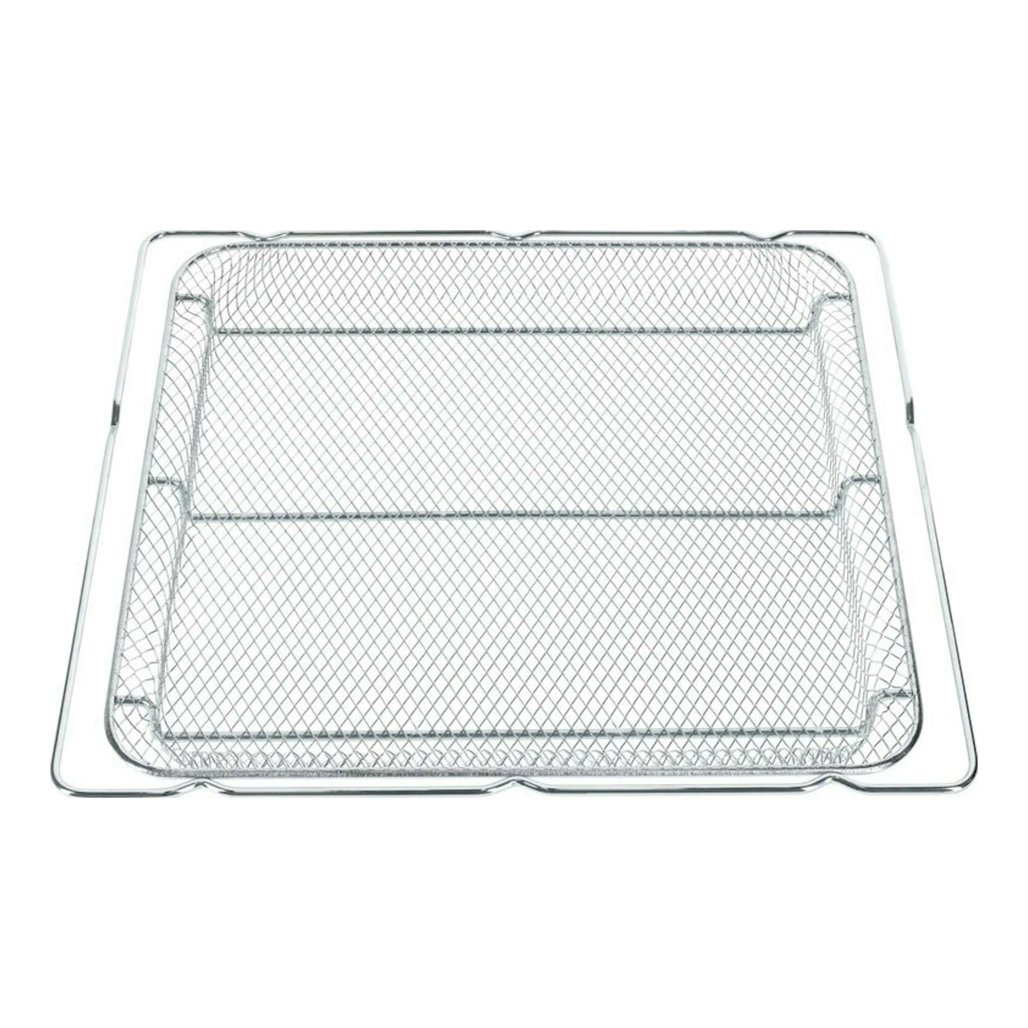 Bandeja/rejilla metálica para horno, vista superior, color plata, con malla y marco rectangular.