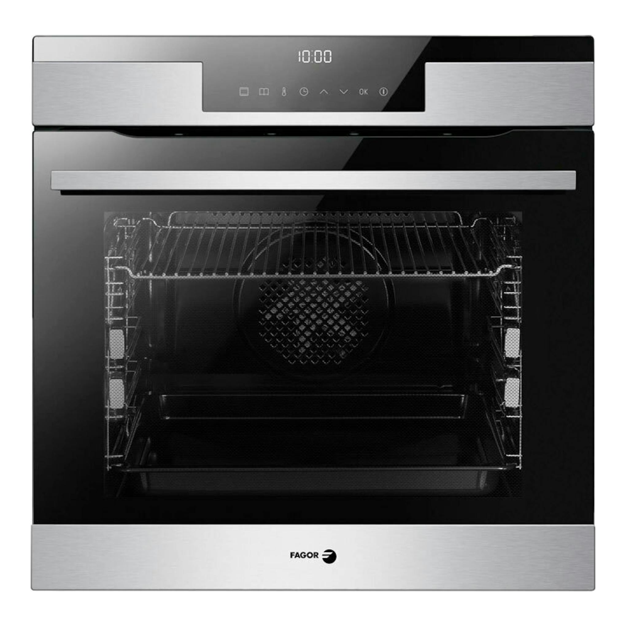 Horno Fagor 9H-760TCX inox, vista frontal, puerta de cristal negro y panel superior digital en acero.