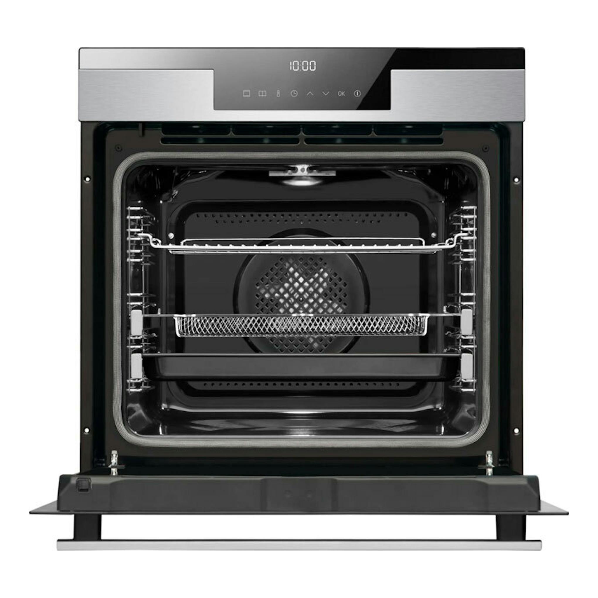 Horno Fagor 9H-760TCX inox, vista frontal con la puerta abierta y cavidad interior negra.