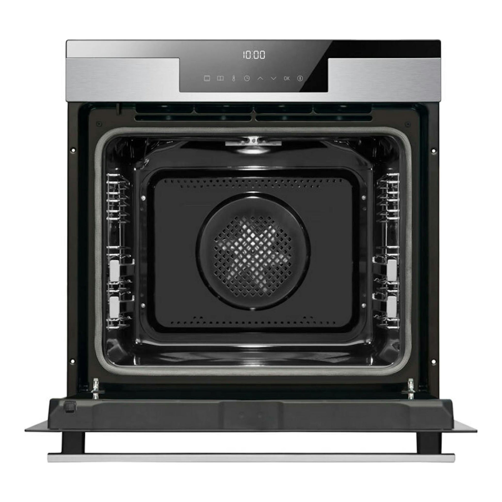 Horno Fagor 9H-760TCX inox, visto de frente con la puerta abatible abierta y panel digital superior.