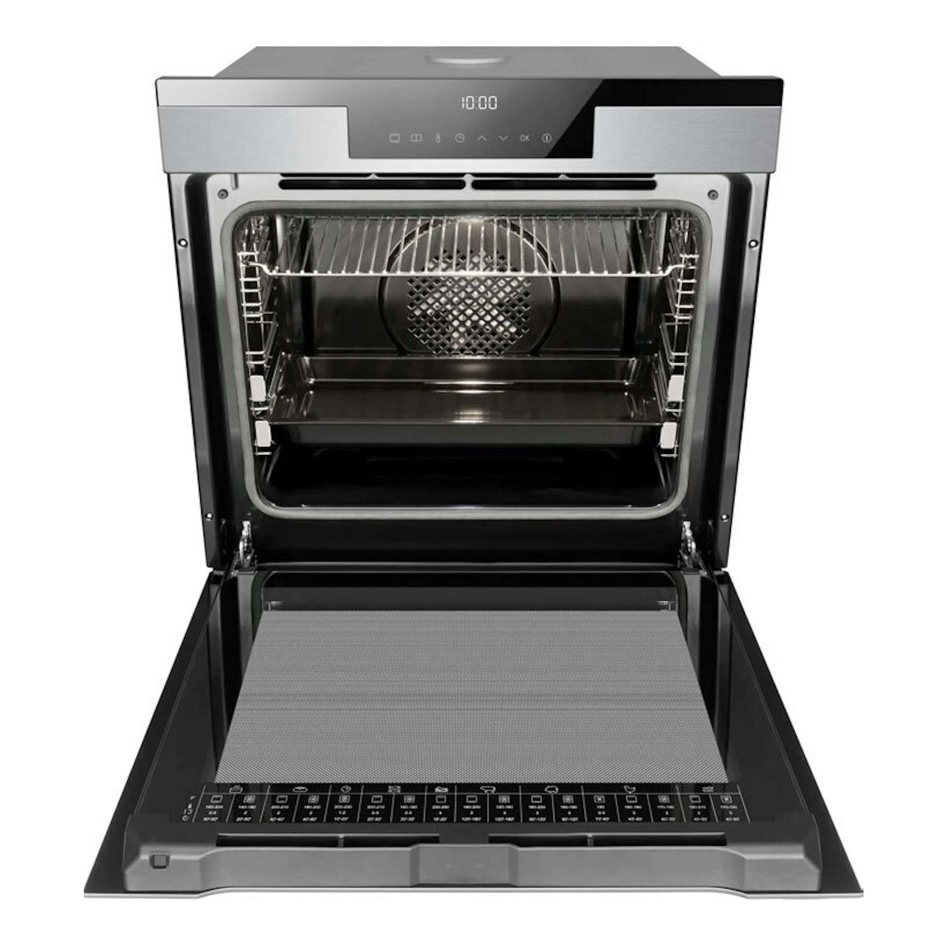 Horno Fagor 9H-760TCX de acero inoxidable, vista frontal con la puerta abatida y el interior abierto.