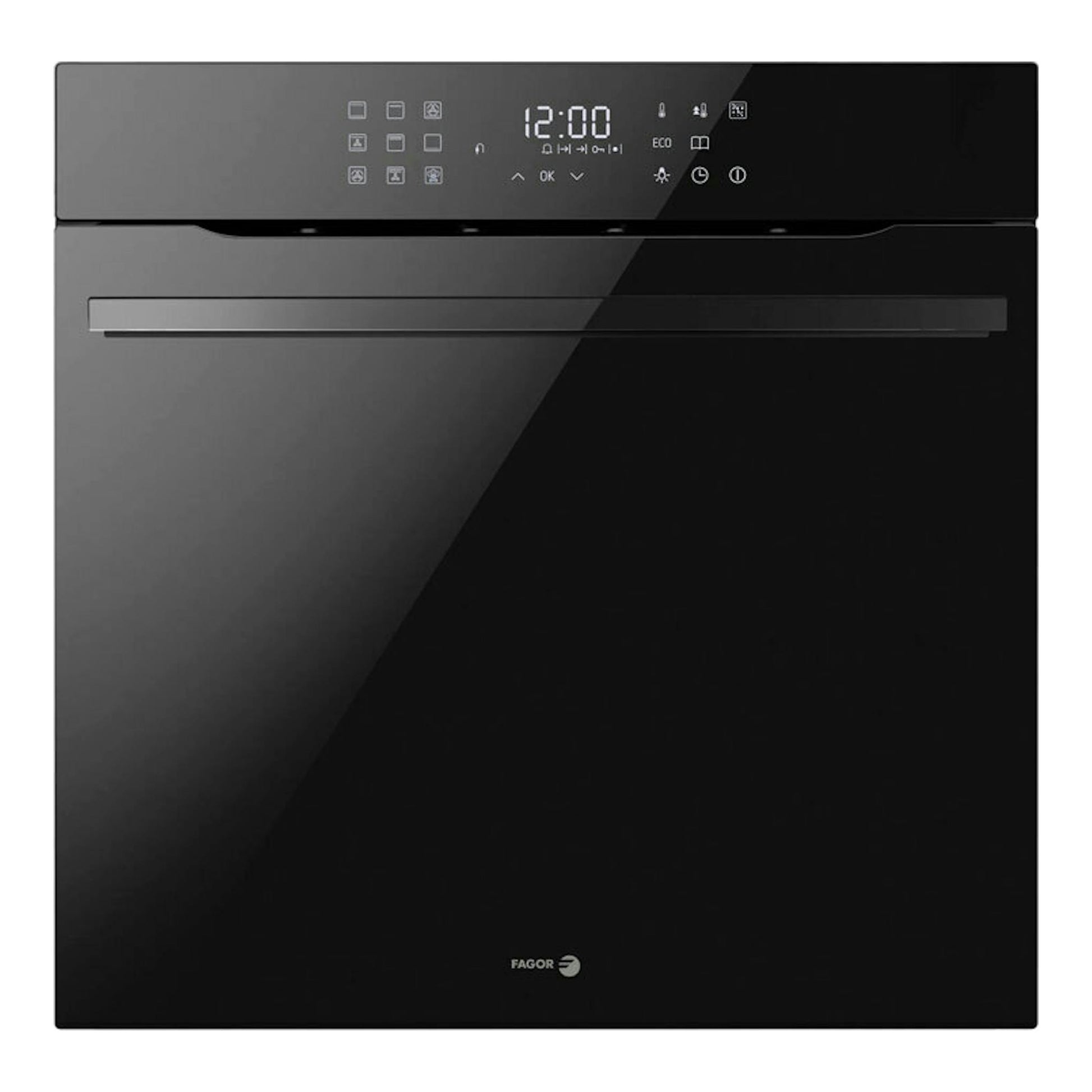 Horno Fagor 9H-798TEN negro, vista frontal, puerta de cristal negra y panel digital táctil superior.