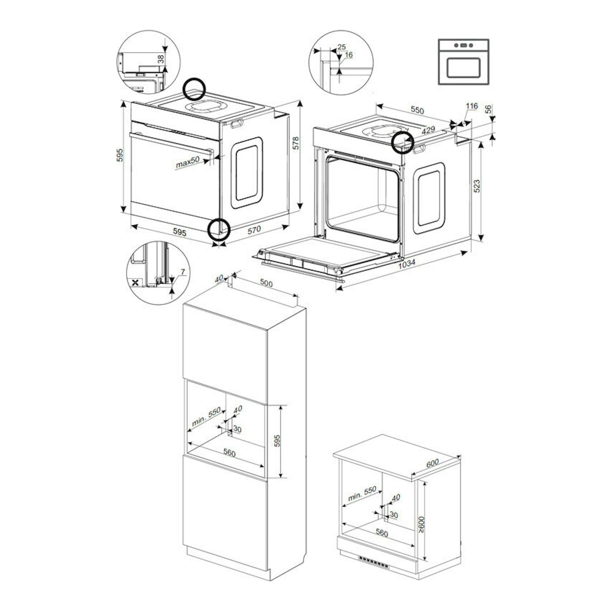 Horno Fagor 9H-798TEN negro, dibujo técnico en vista isométrica con medidas e instalación empotrada.