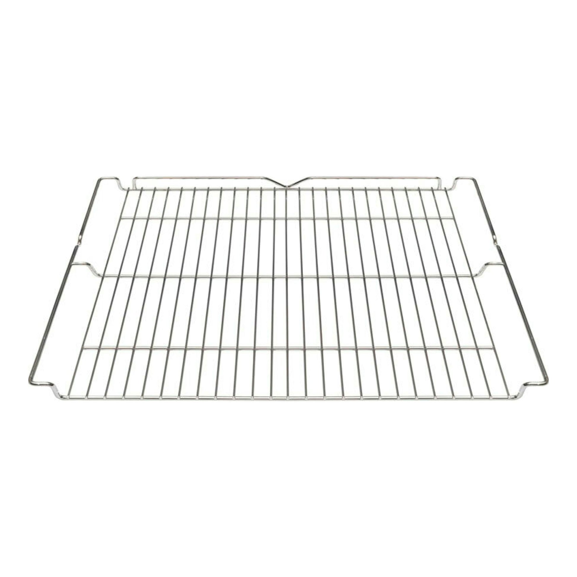 Rejilla metálica para horno, vista frontal, color plateado.