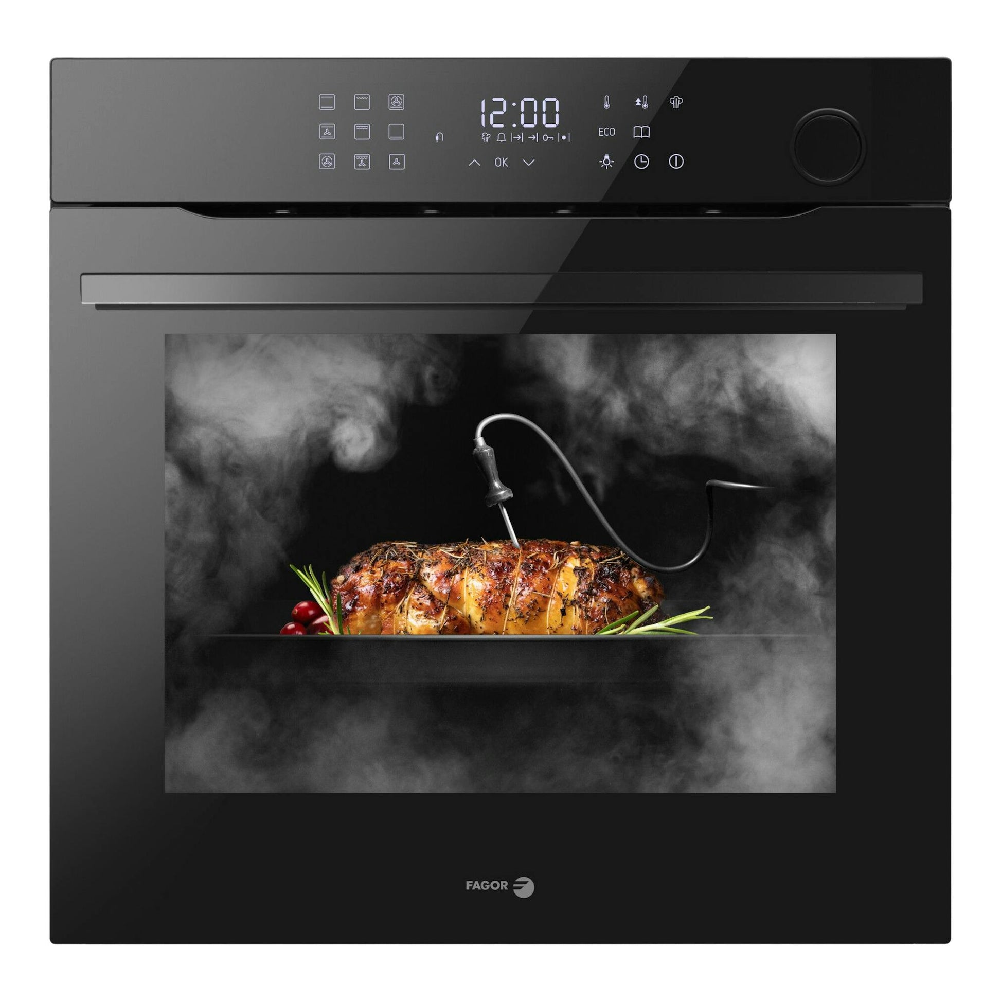 Fagor 9H-893TEN, horno integrable negro, vista frontal, panel digital y pomo, con imagen de asado al vapor.