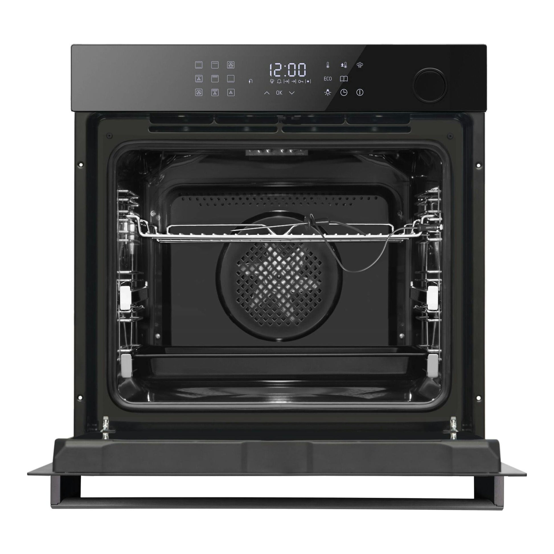 Fagor 9H-893TEN, horno integrable negro, vista frontal con puerta abierta y panel digital.