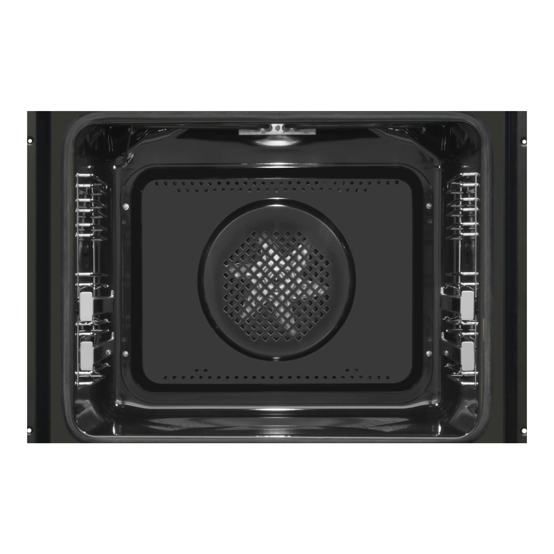 Interior de horno Fagor 9H-893TEN negro, vista frontal con ventilador circular y guías laterales.