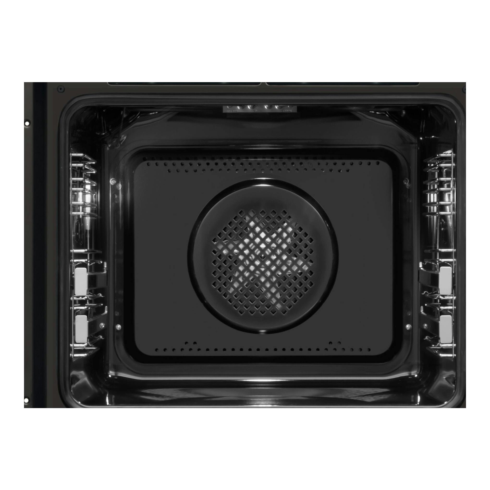 Interior de horno Fagor 9H-893TEN negro, vista frontal del compartimento con ventilador central.