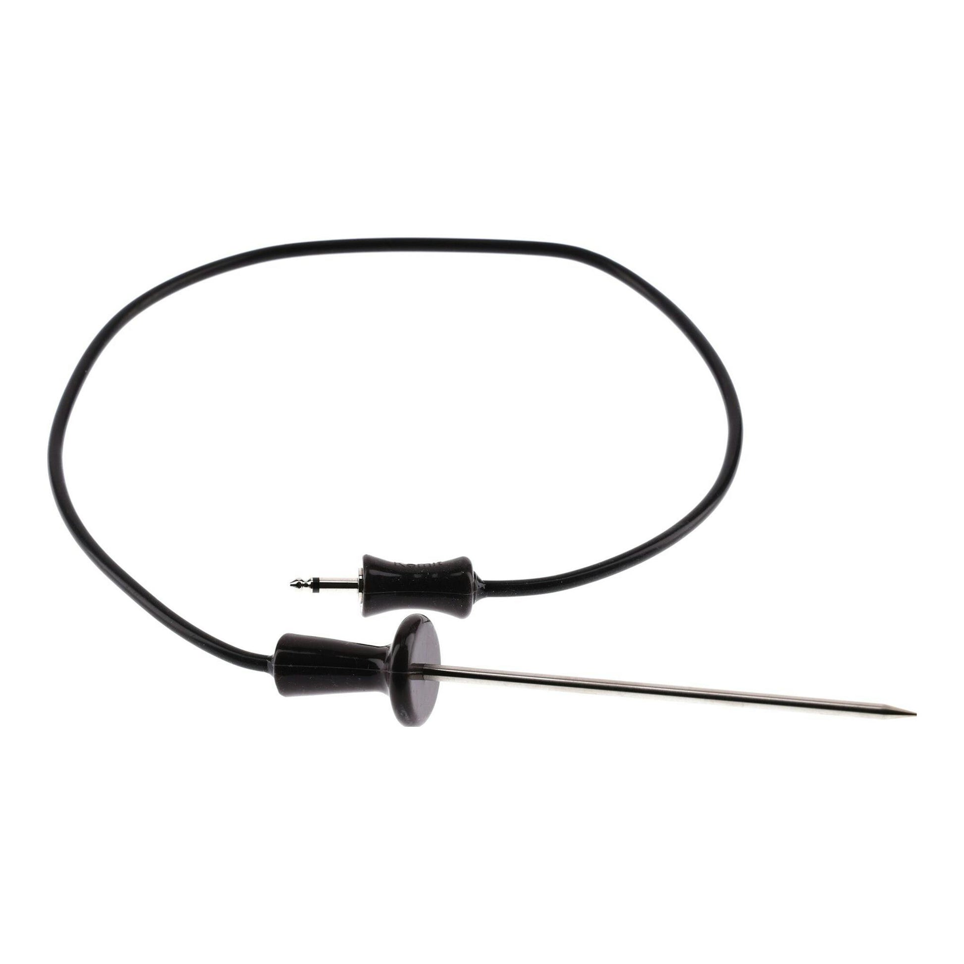 Vista frontal de una sonda negra con cable y clavija metálica sobre fondo blanco.