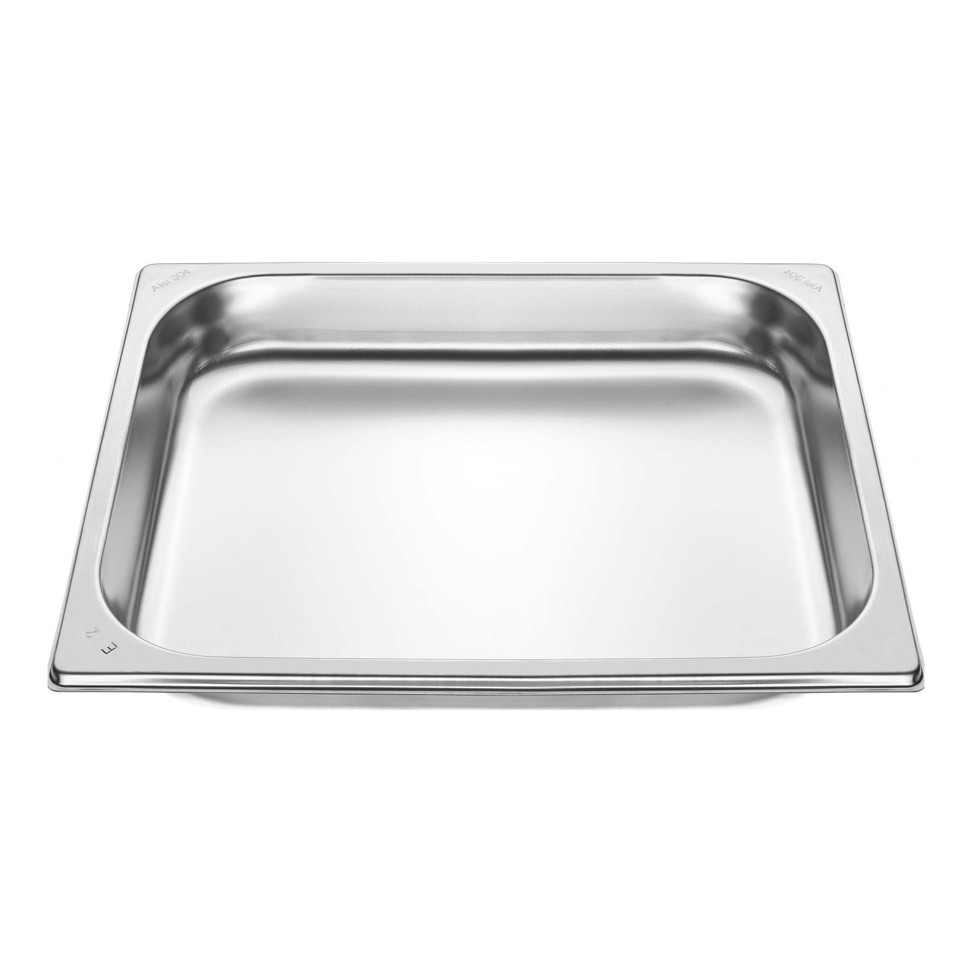 Bandeja rectangular de acero inoxidable, vista superior en ángulo, con bordes elevados y fondo liso.
