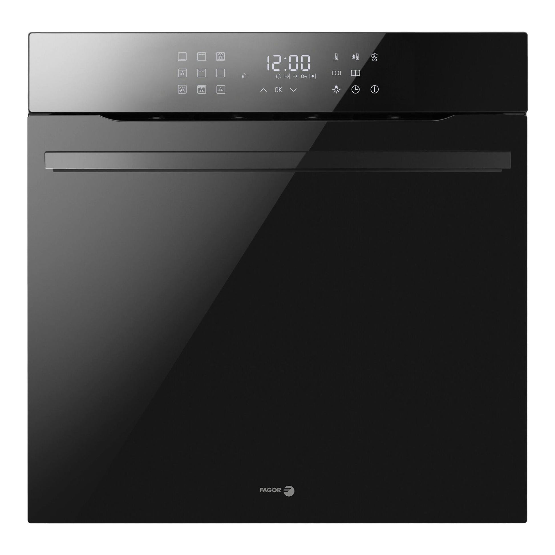Horno Fagor MASTER 9H-198TEN negro, vista frontal, con panel táctil y display digital.