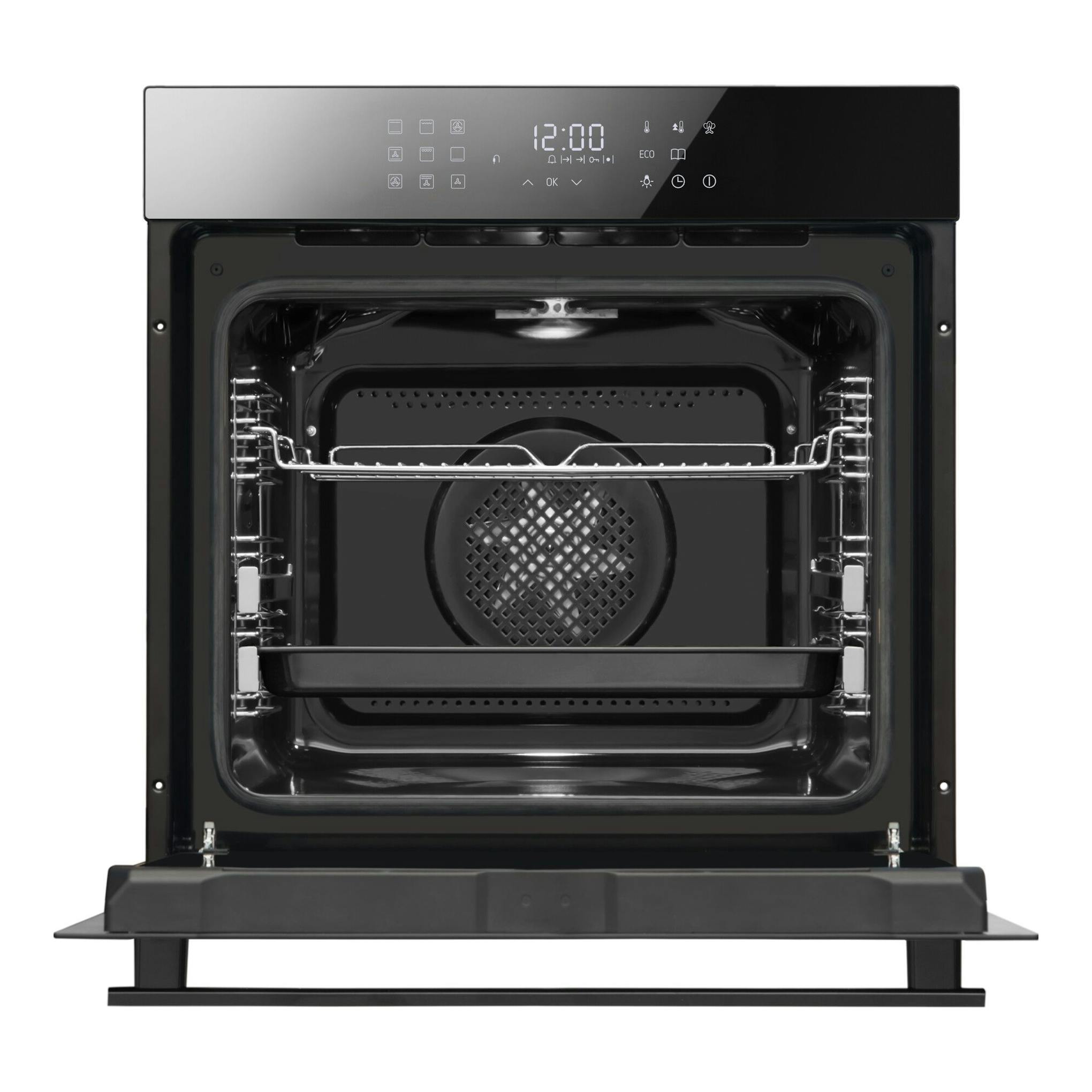 Fagor MASTER NEGRO 9H-198TEN: horno empotrable negro, vista frontal con puerta abatible abierta.