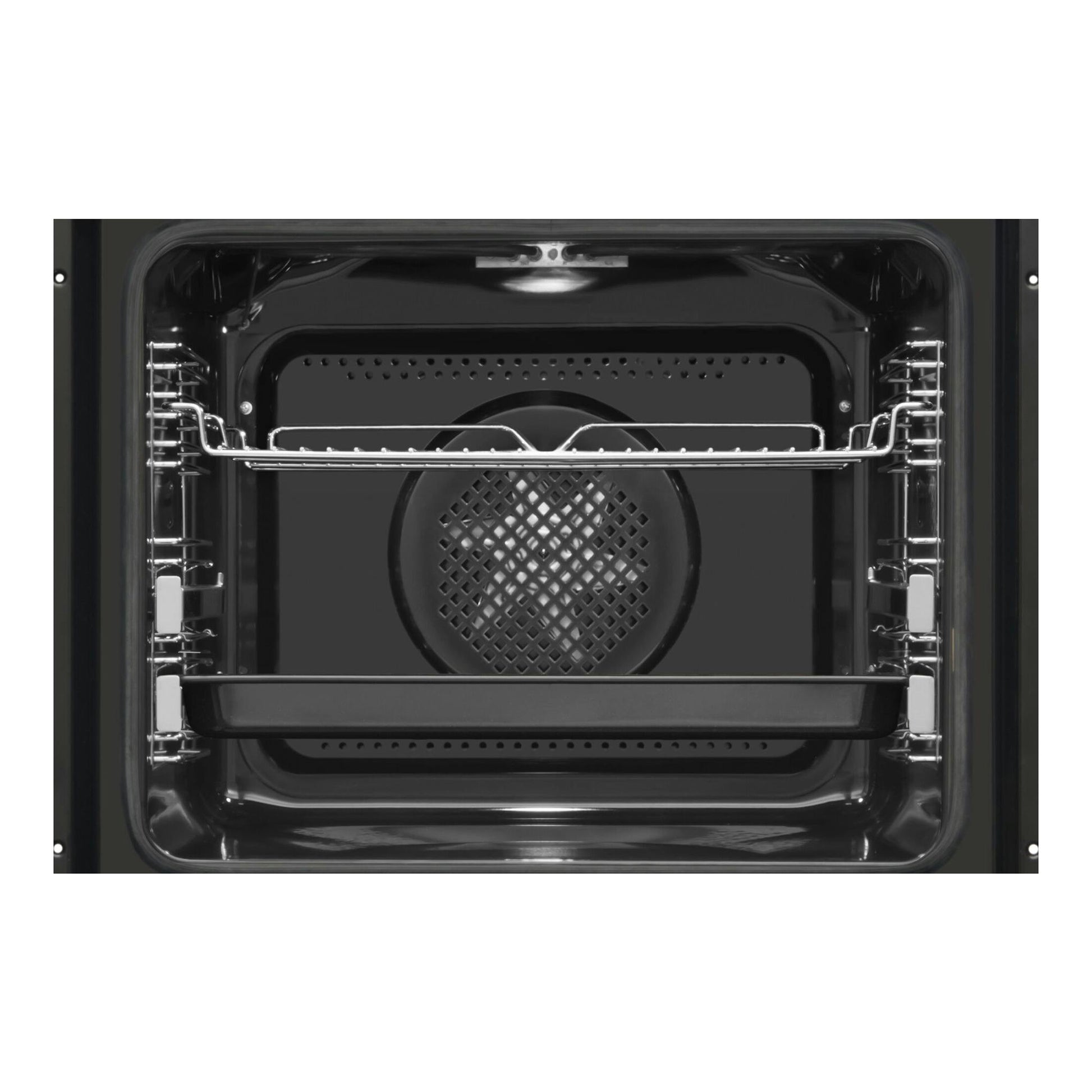 Interior de horno Fagor MASTER NEGRO 9H-198TEN, vista frontal, negro, con rejillas y ventilador central.