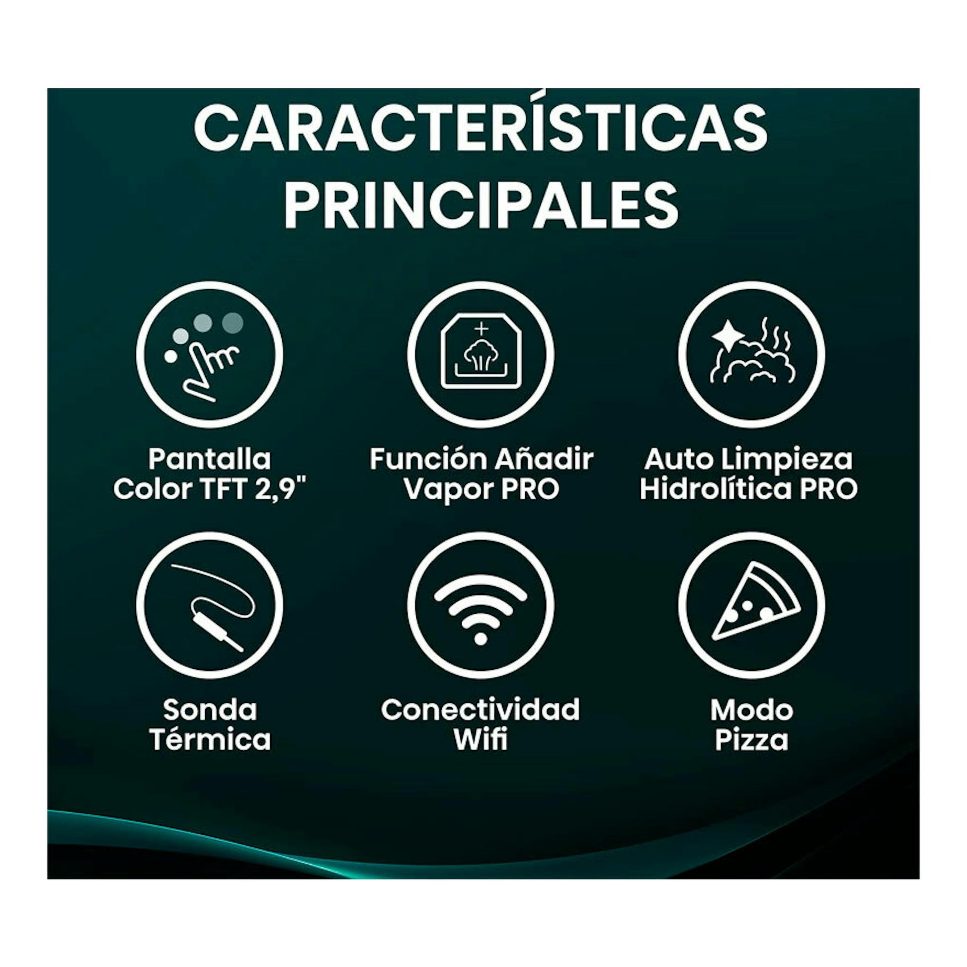 Hisense BAS614A8B negro: gráfico de características con iconos de pantalla TFT, vapor, autolimpieza y Wi‑Fi.