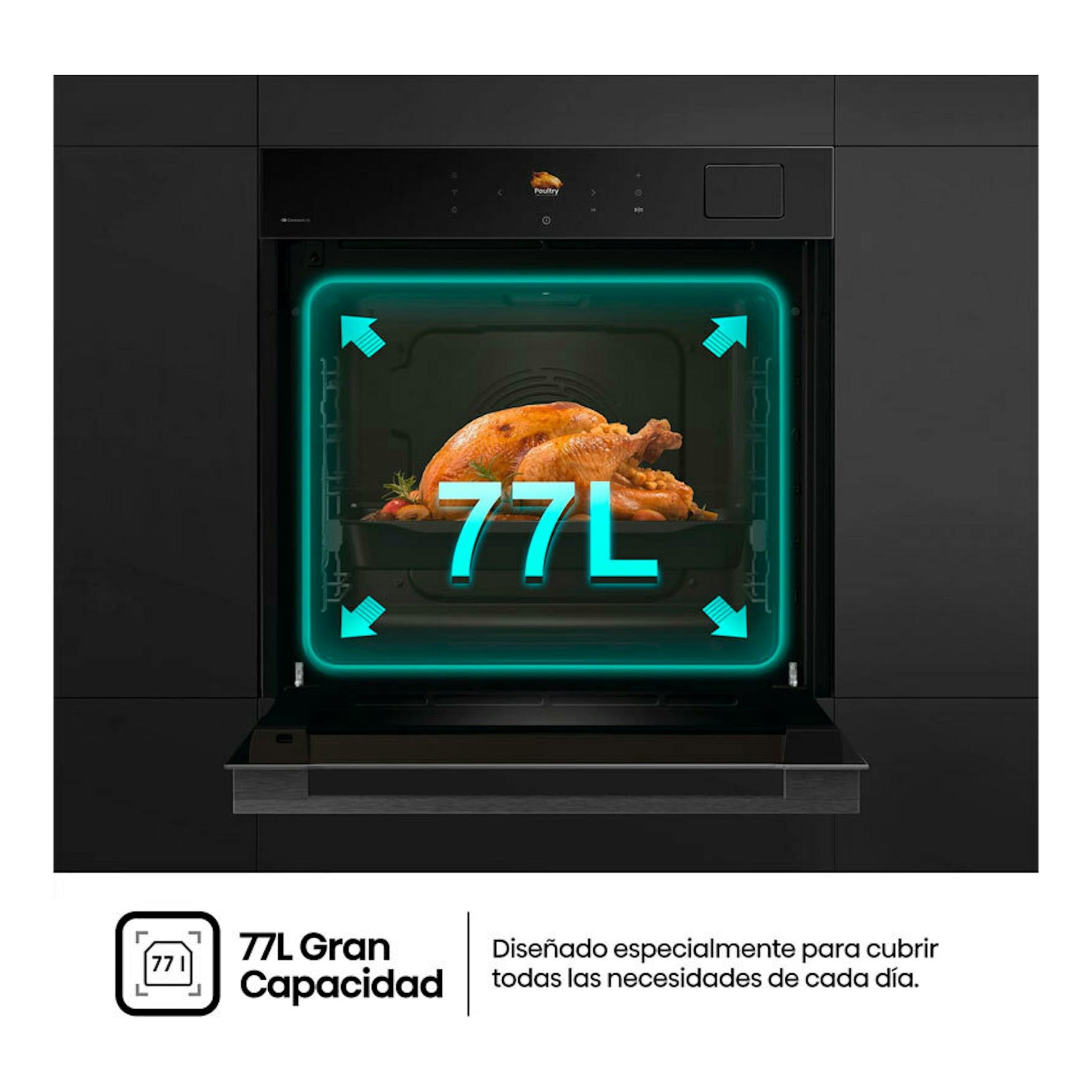 Horno Hisense BAS614A8B negro, vista frontal empotrada con puerta abierta y capacidad 77 L.