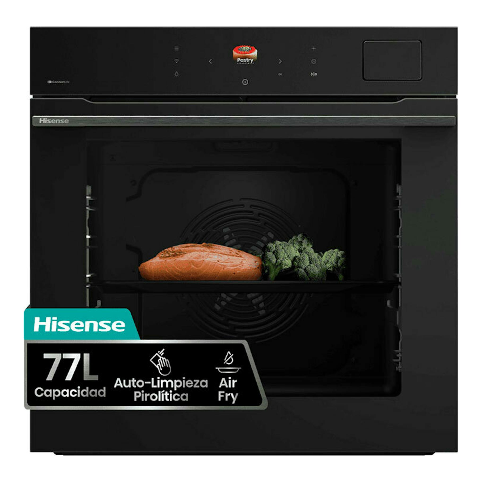 Horno Hisense BAS614P8B negro, vista frontal, con panel táctil y comida visible en el interior.