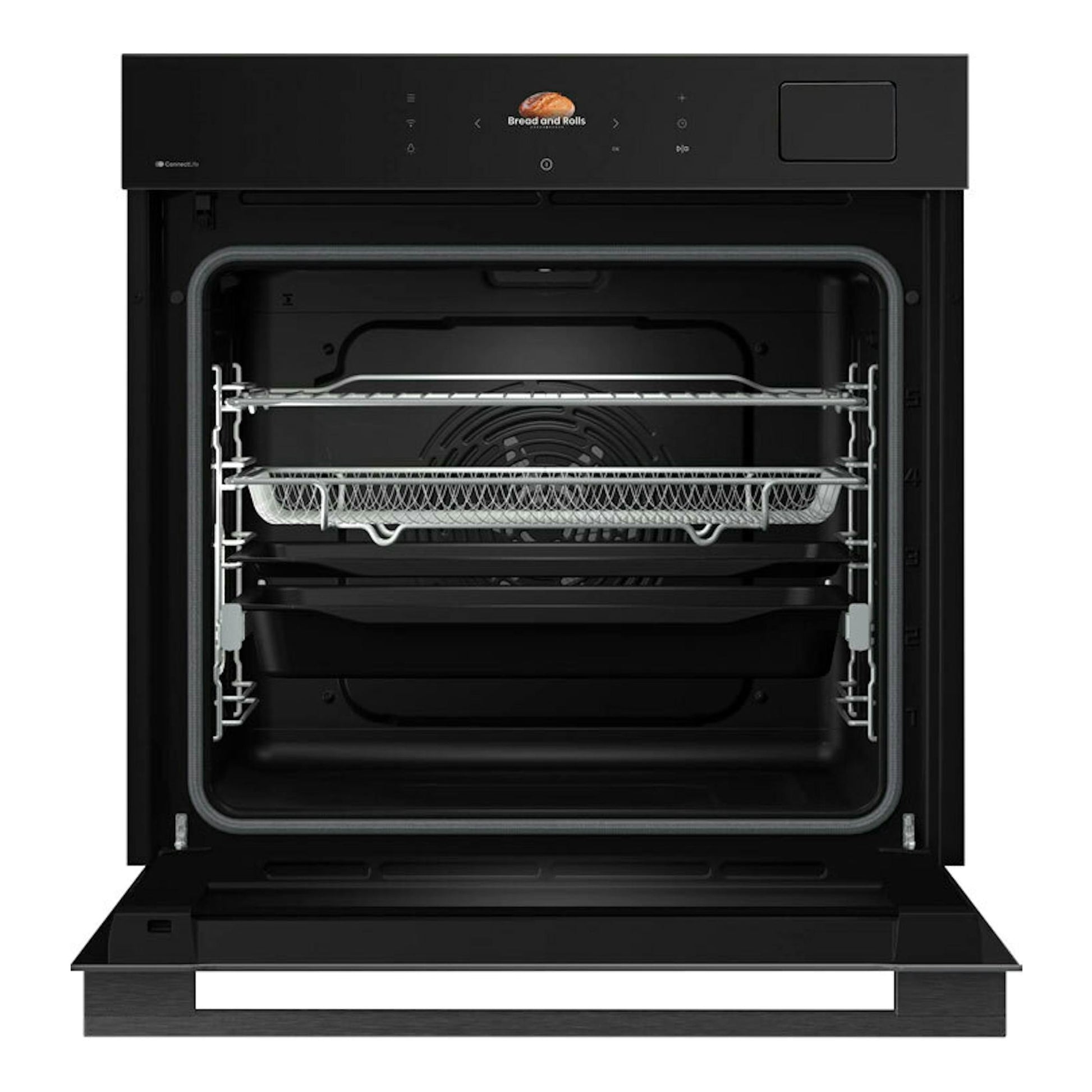 Horno Hisense BAS614P8B negro, vista frontal con puerta abierta y panel digital.