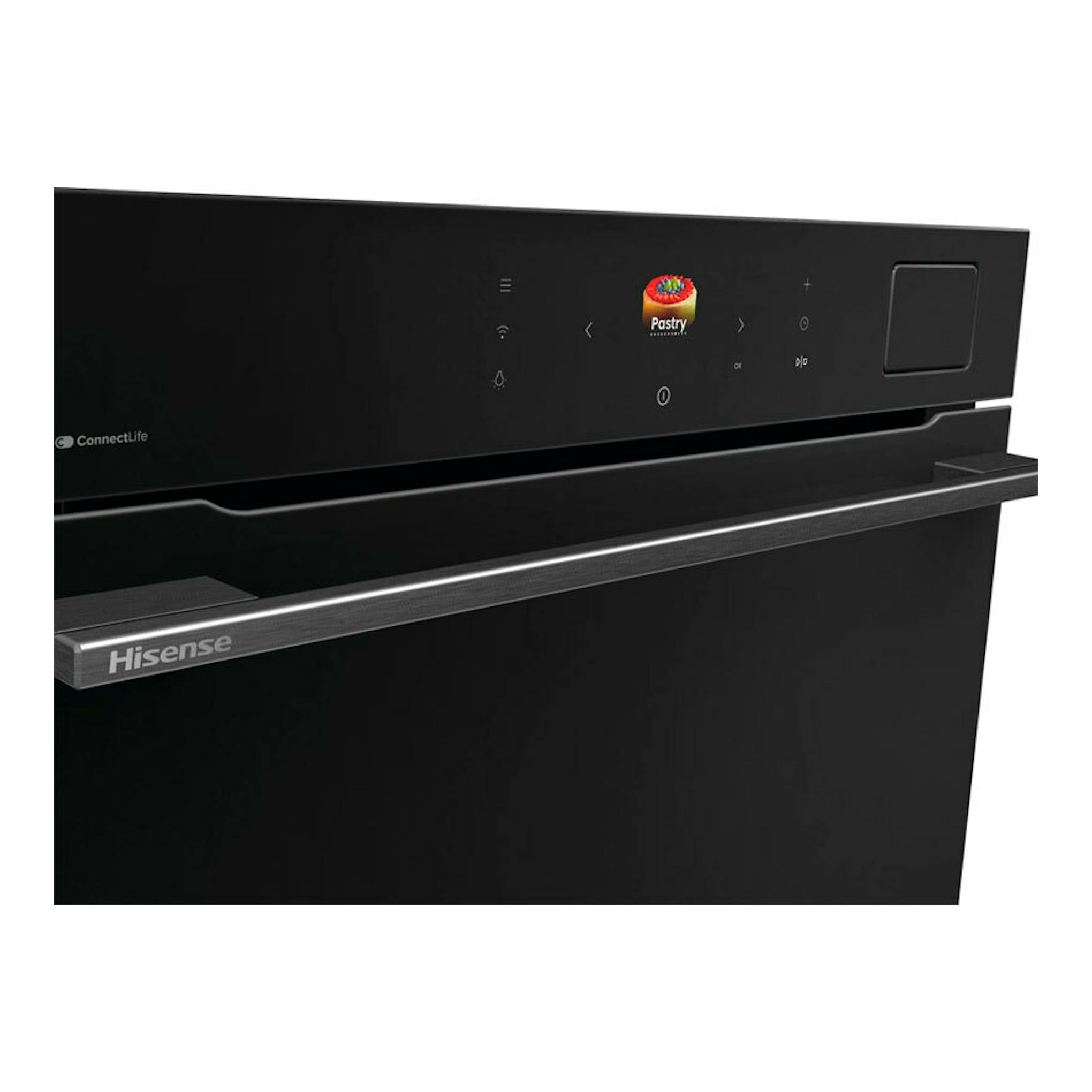 Horno Hisense BAS614P8B negro, vista frontal, con panel táctil y tirador metálico.