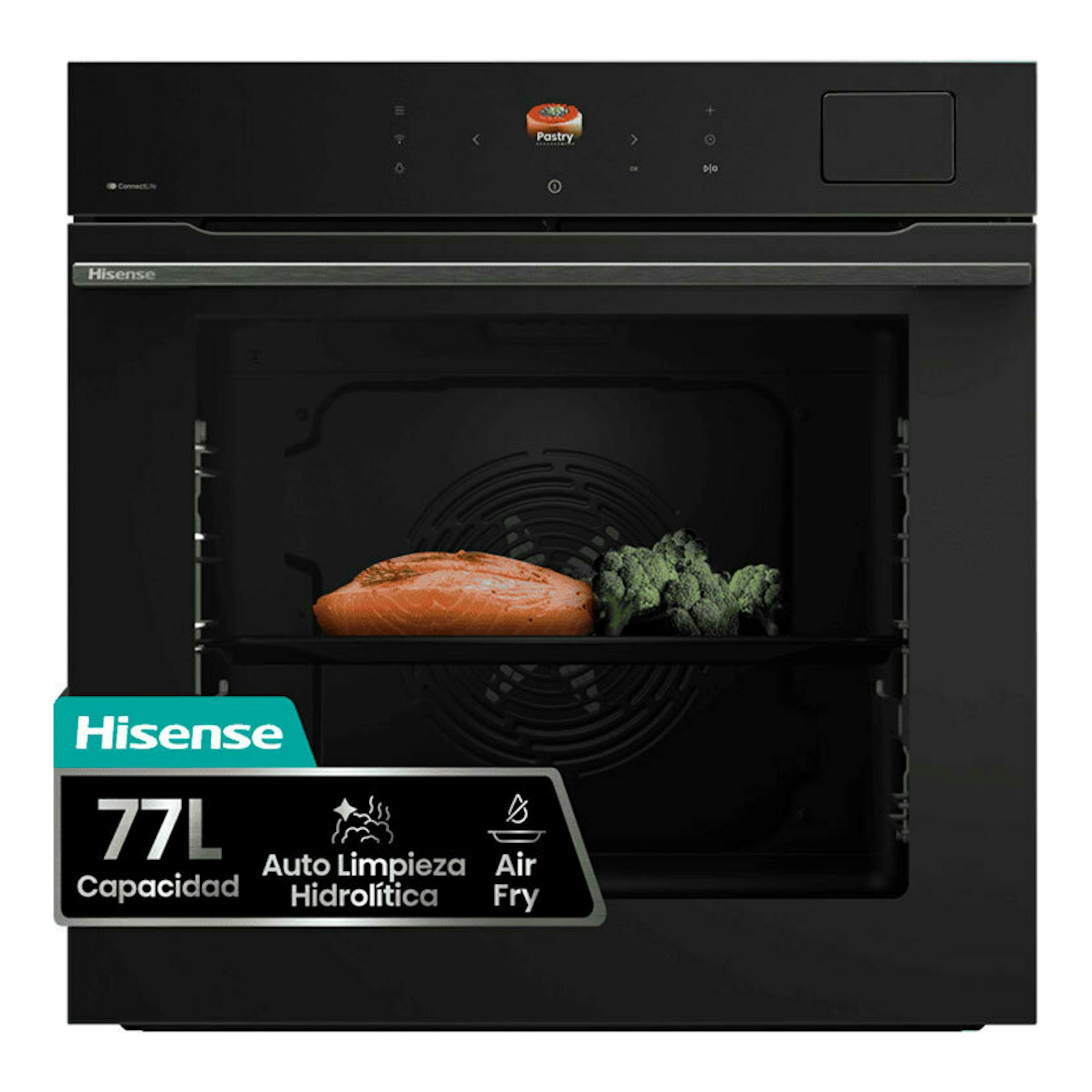Horno empotrable Hisense BFS615S8B de cristal negro, vista frontal, con panel táctil y bandeja con alimentos.