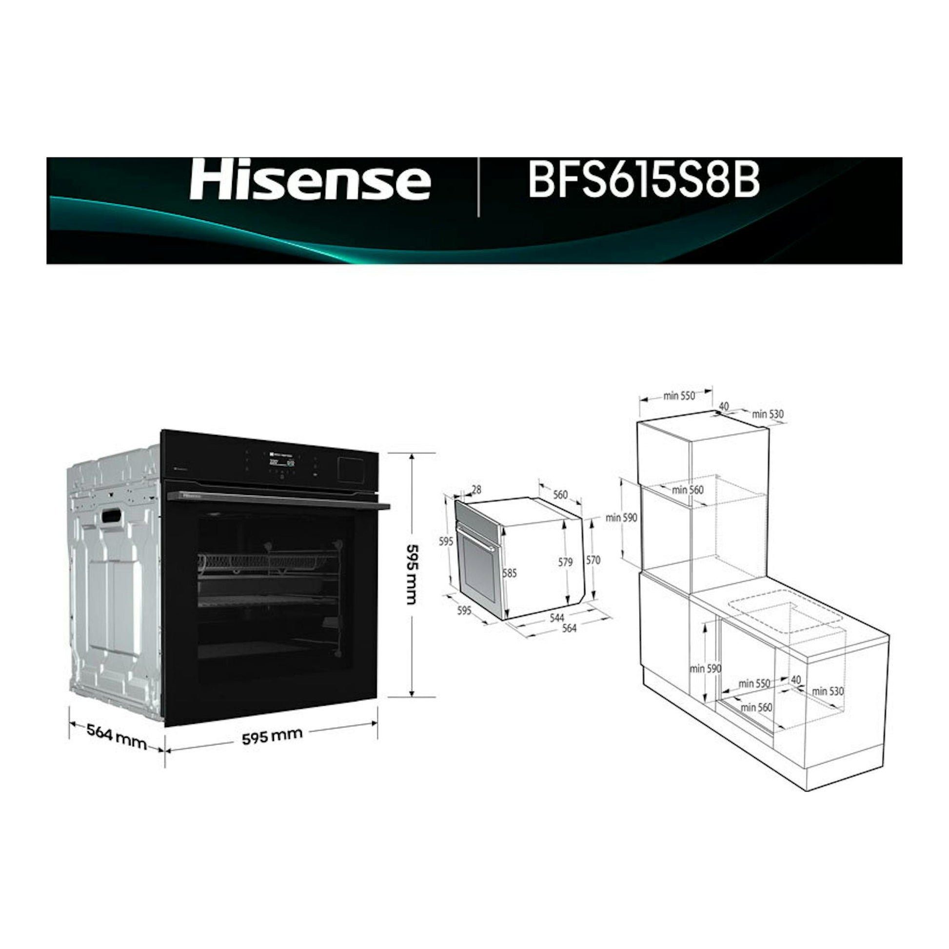 Hisense BFS615S8B, horno negro de cristal, vista frontal en ángulo con medidas e instalación.