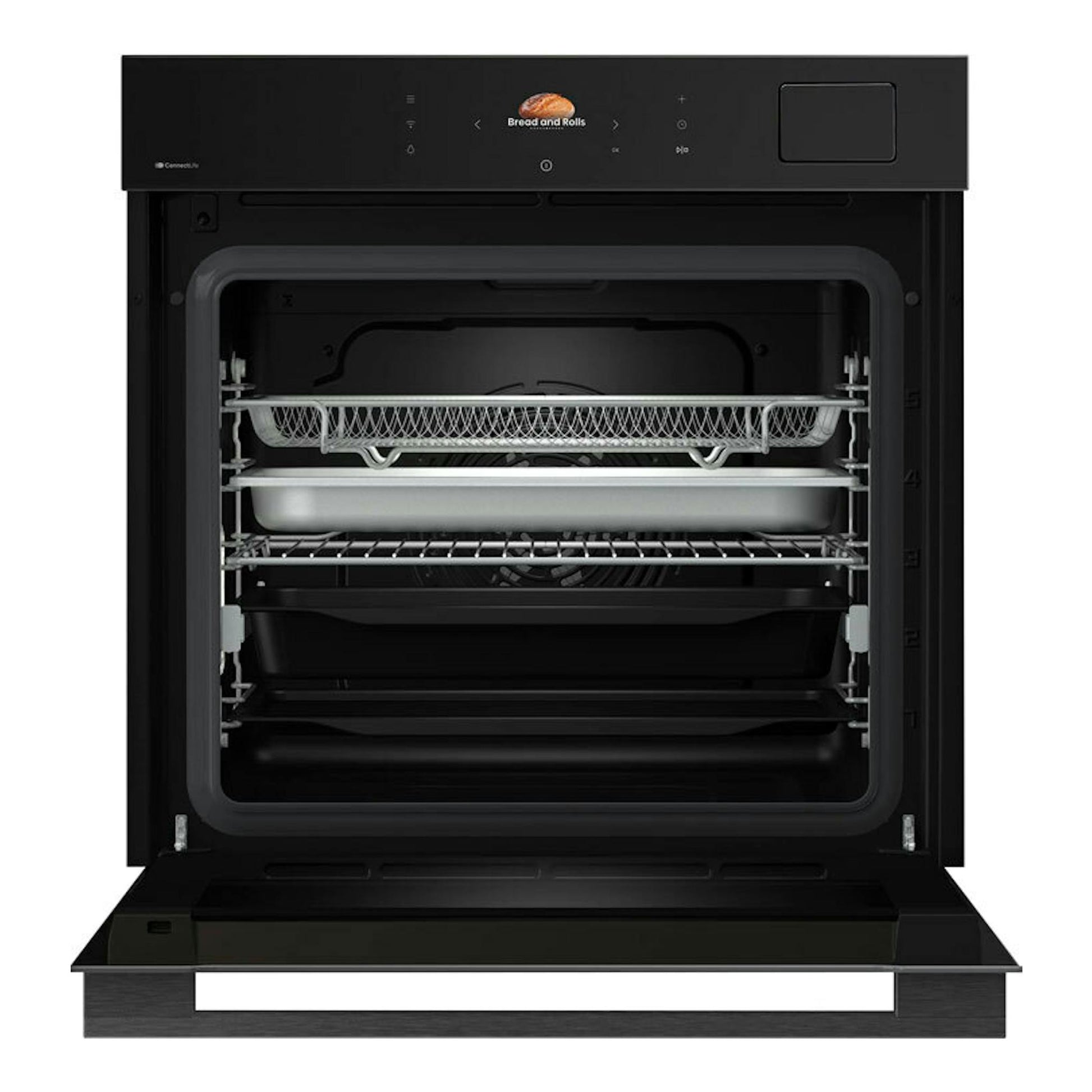 Horno Hisense BFS615S8B de cristal negro, vista frontal con puerta abierta y bandejas interiores.