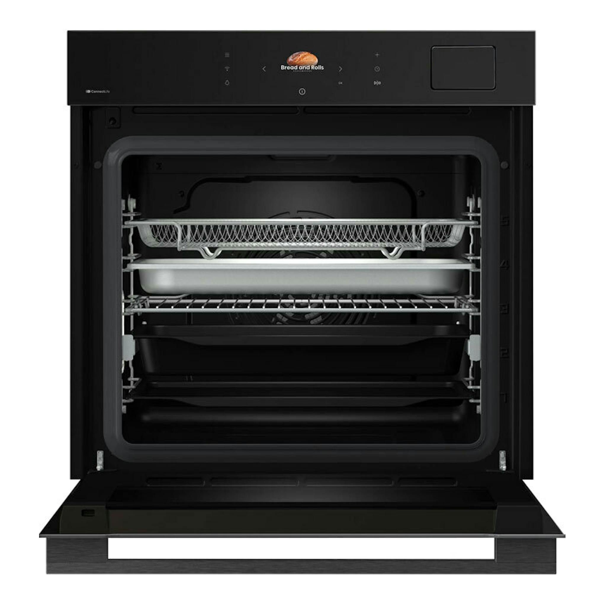 Horno Hisense BFS615S8B de cristal negro, vista frontal con puerta abierta y bandejas interiores.