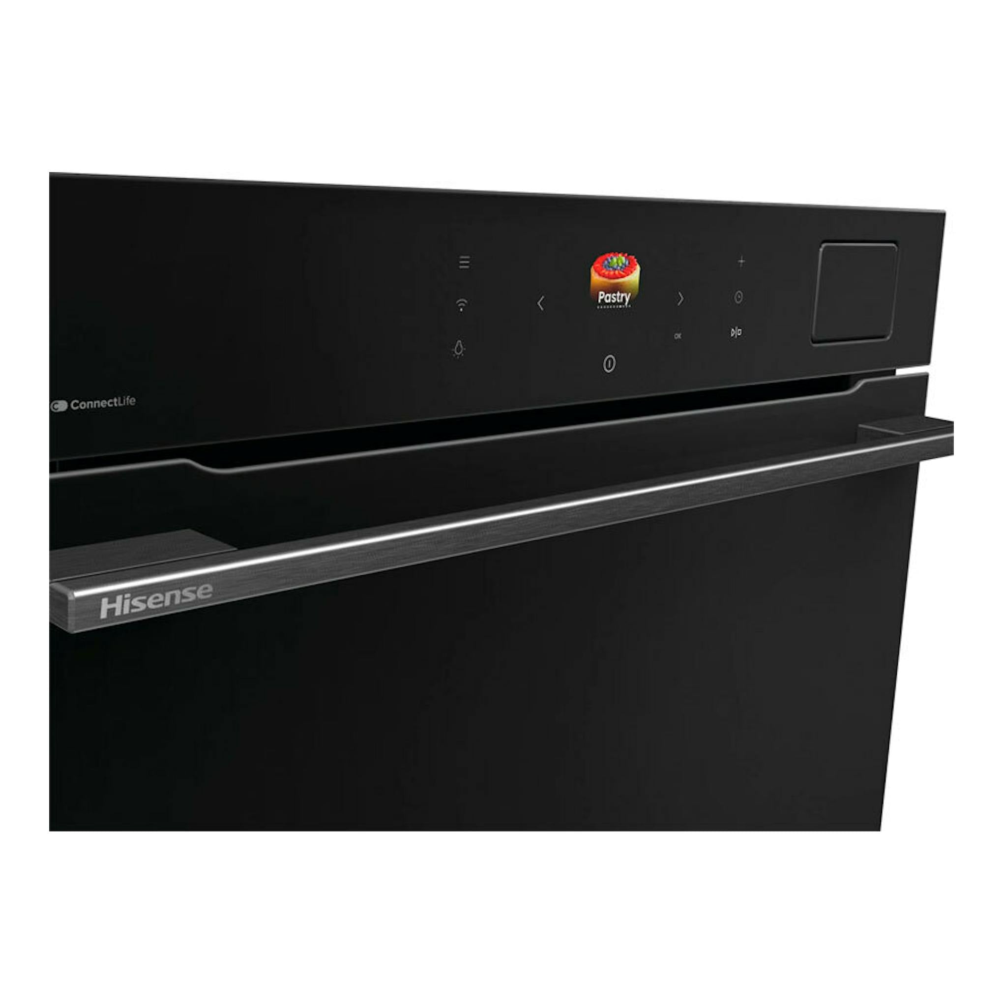 Horno Hisense BFS615S8B de cristal negro, vista frontal con panel táctil y asa metálica.