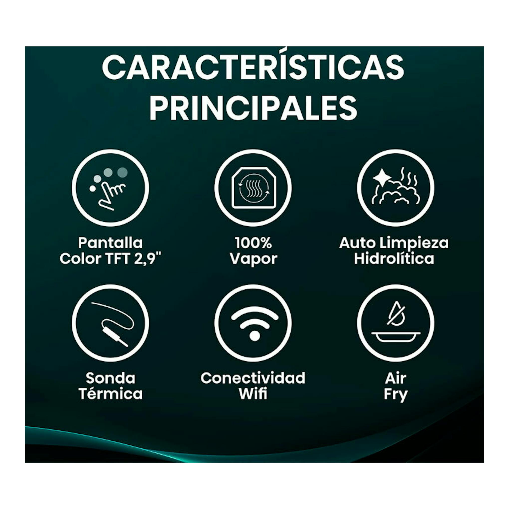 Hisense BFS615S8B cristal negro, infografía con pantalla TFT, vapor, autolimpieza, sonda, Wi‑Fi y Air Fry.