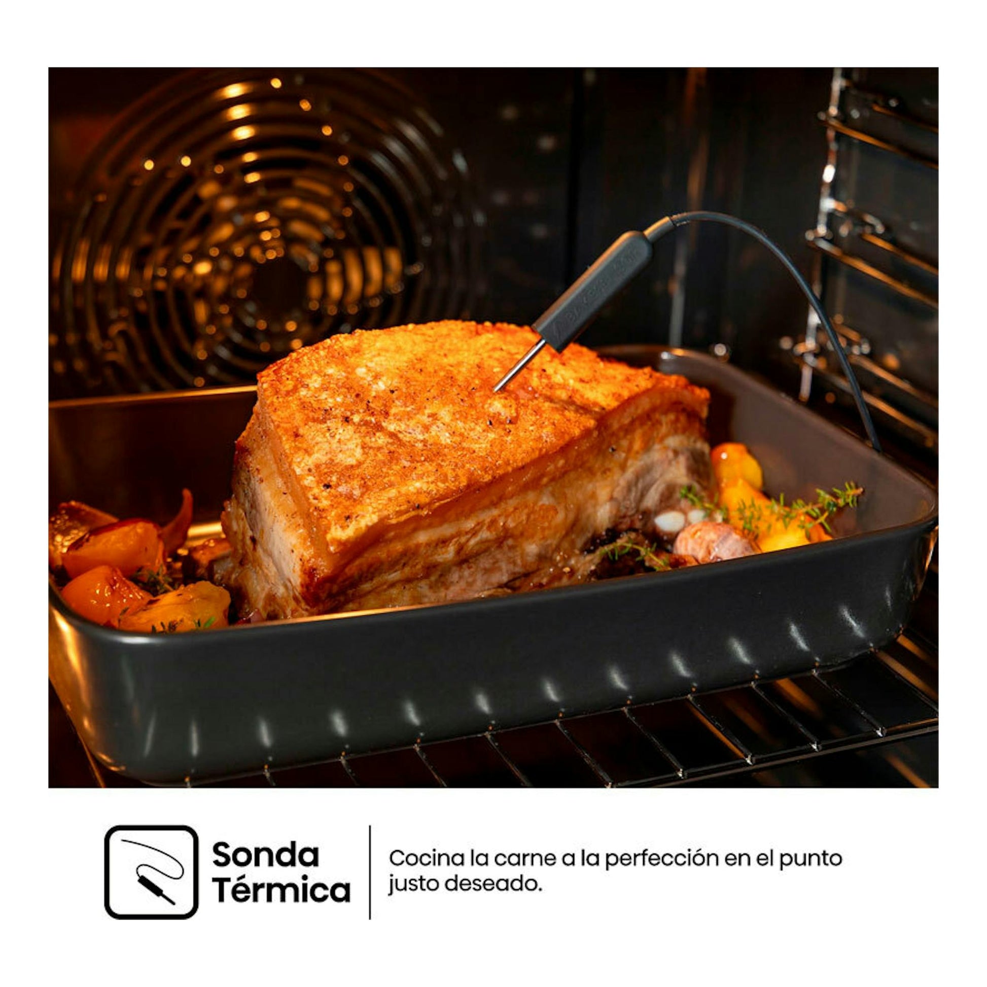 Interior de horno Hisense BFS615S8B negro con bandeja de asado y sonda térmica sobre carne.