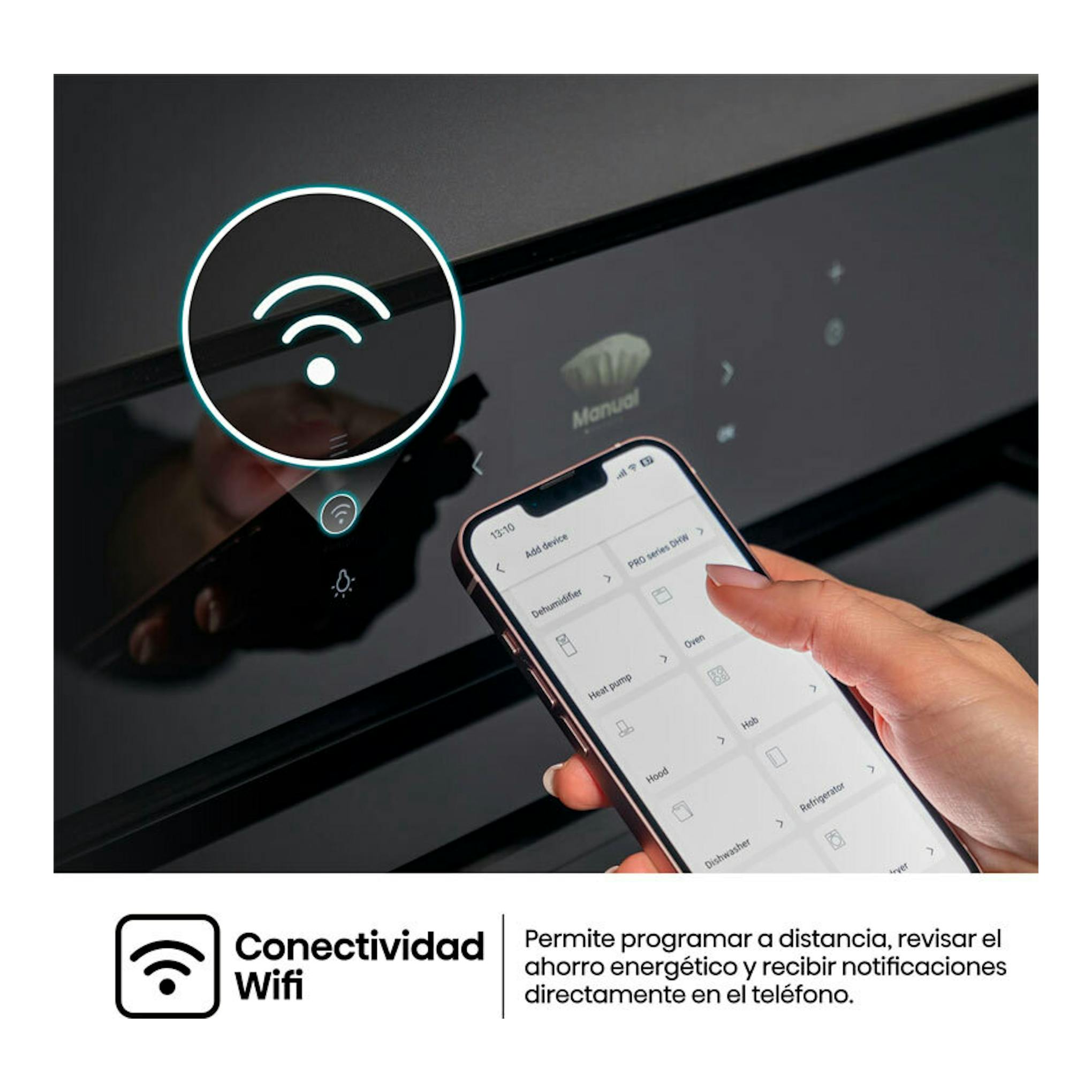 Horno Hisense BI614P8B de cristal negro, vista frontal del panel táctil con icono Wi‑Fi y un móvil.