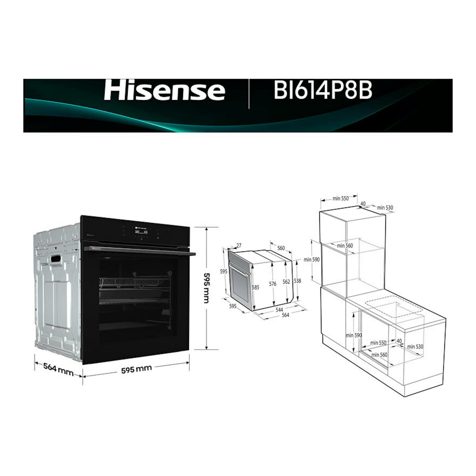 Horno Hisense BI614P8B de cristal negro, vista frontal con esquema de medidas e instalación.