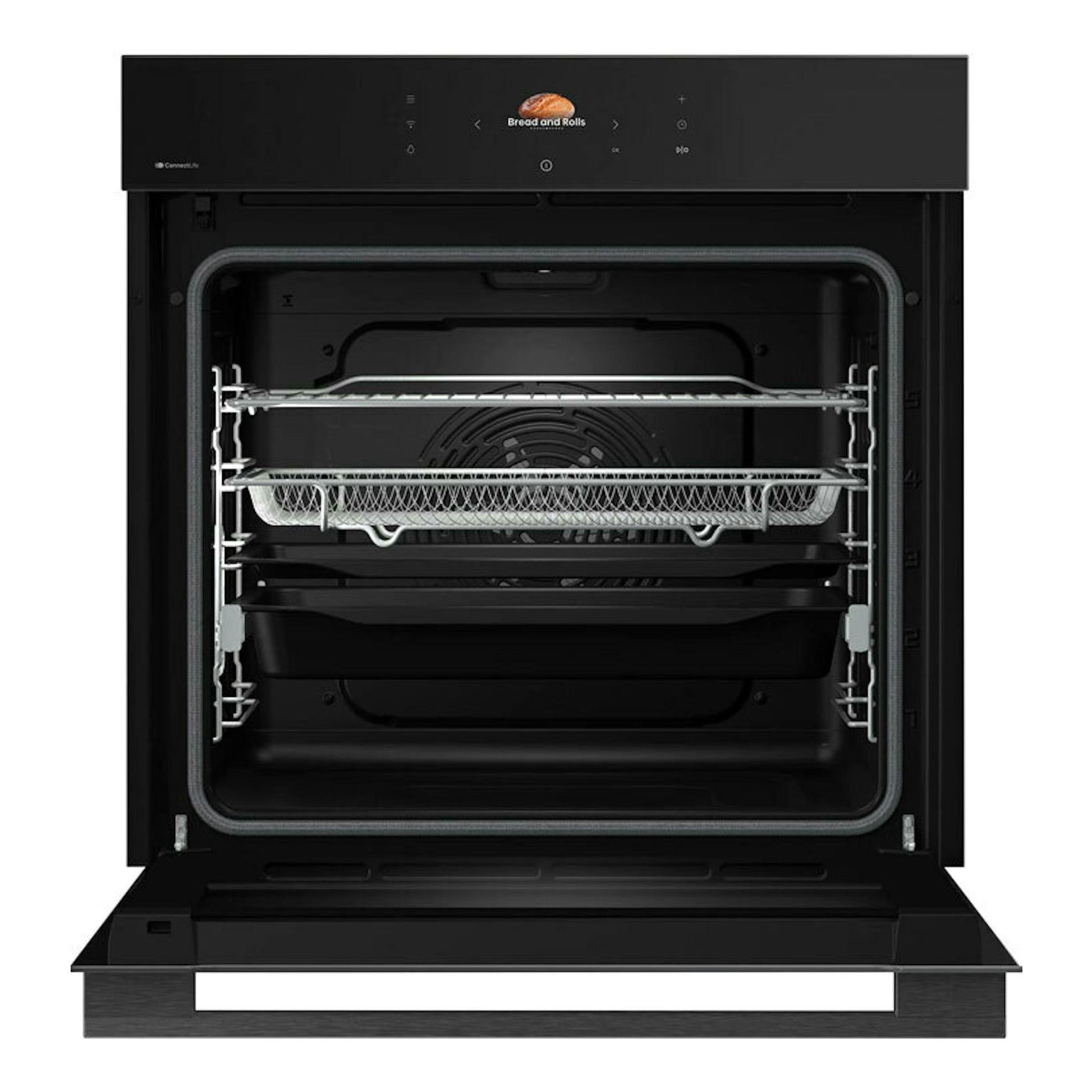 Horno empotrable Hisense BI614P8B de cristal negro, frontal abierto, interior negro con bandejas metálicas.