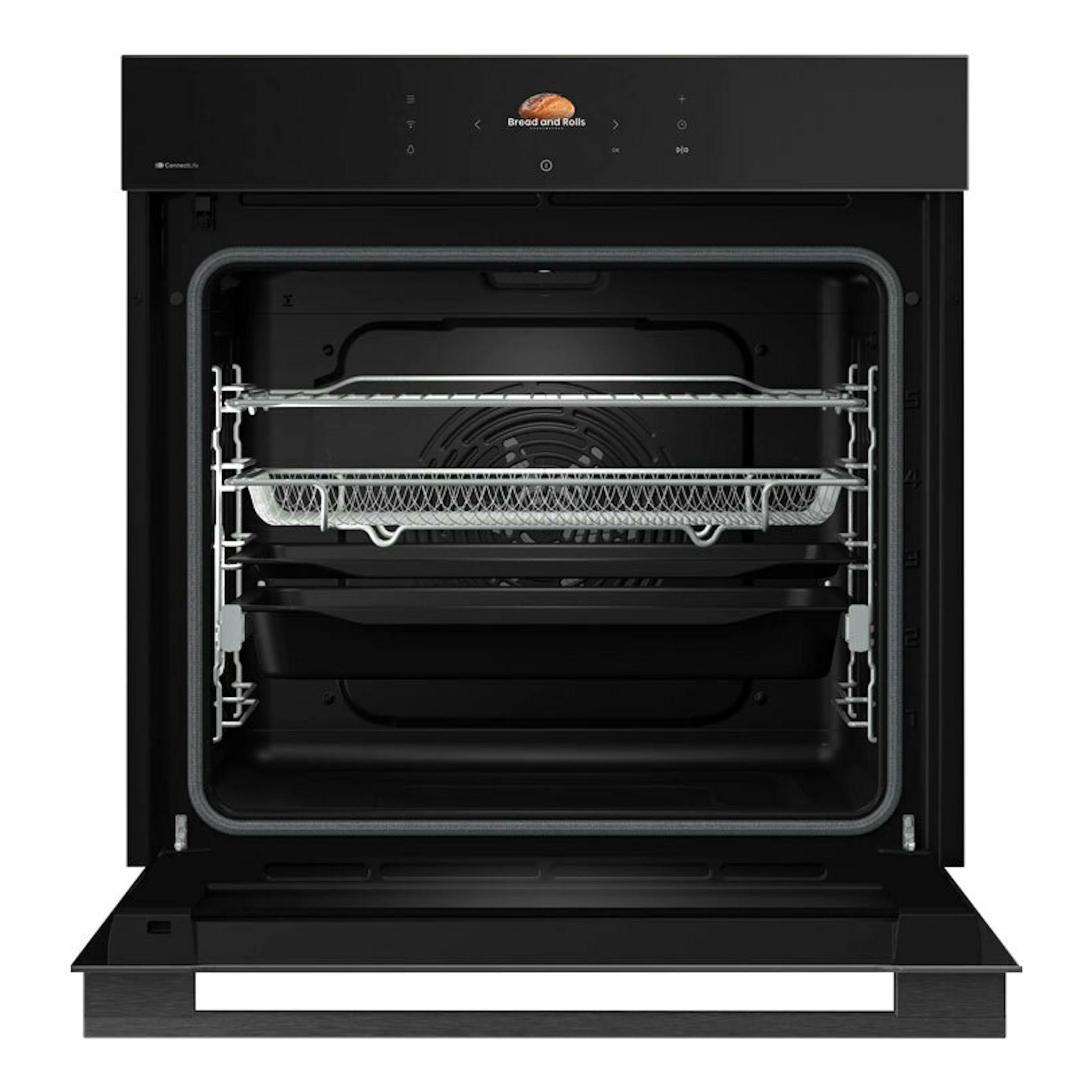 Horno empotrable Hisense BI614P8B de cristal negro, frontal abierto, interior negro con bandejas metálicas.