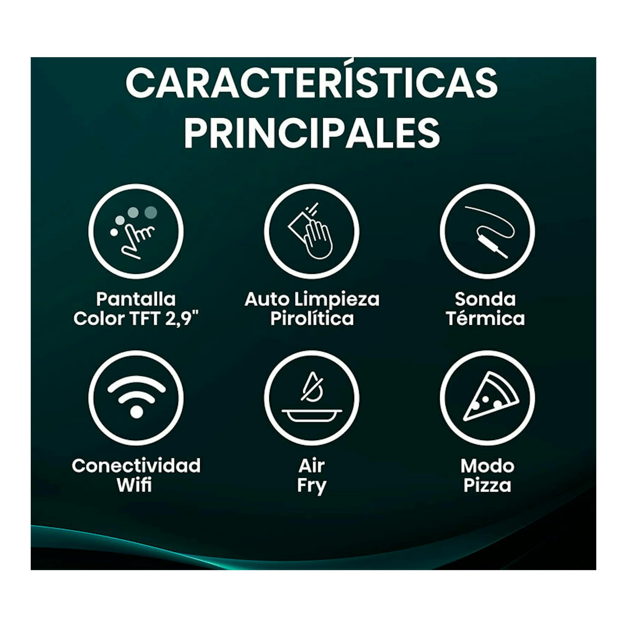 Infografía verde oscuro de Hisense BI614P8B con iconos de pantalla TFT 2,9, autolimpieza pirolítica, sonda térmica y Wi‑Fi.