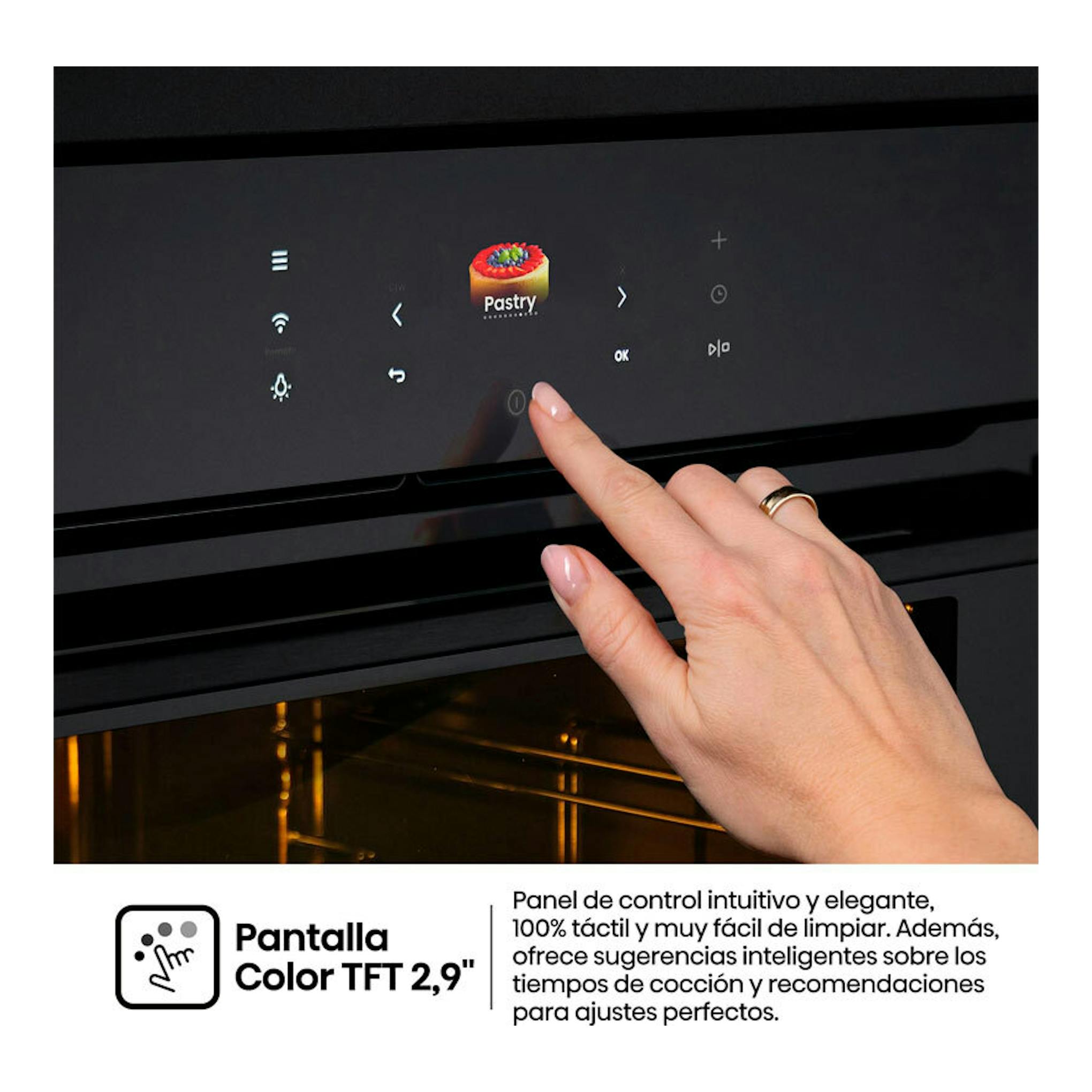 Horno Hisense BI614P8B negro con panel táctil iluminado y una mano tocando la pantalla, vista frontal.