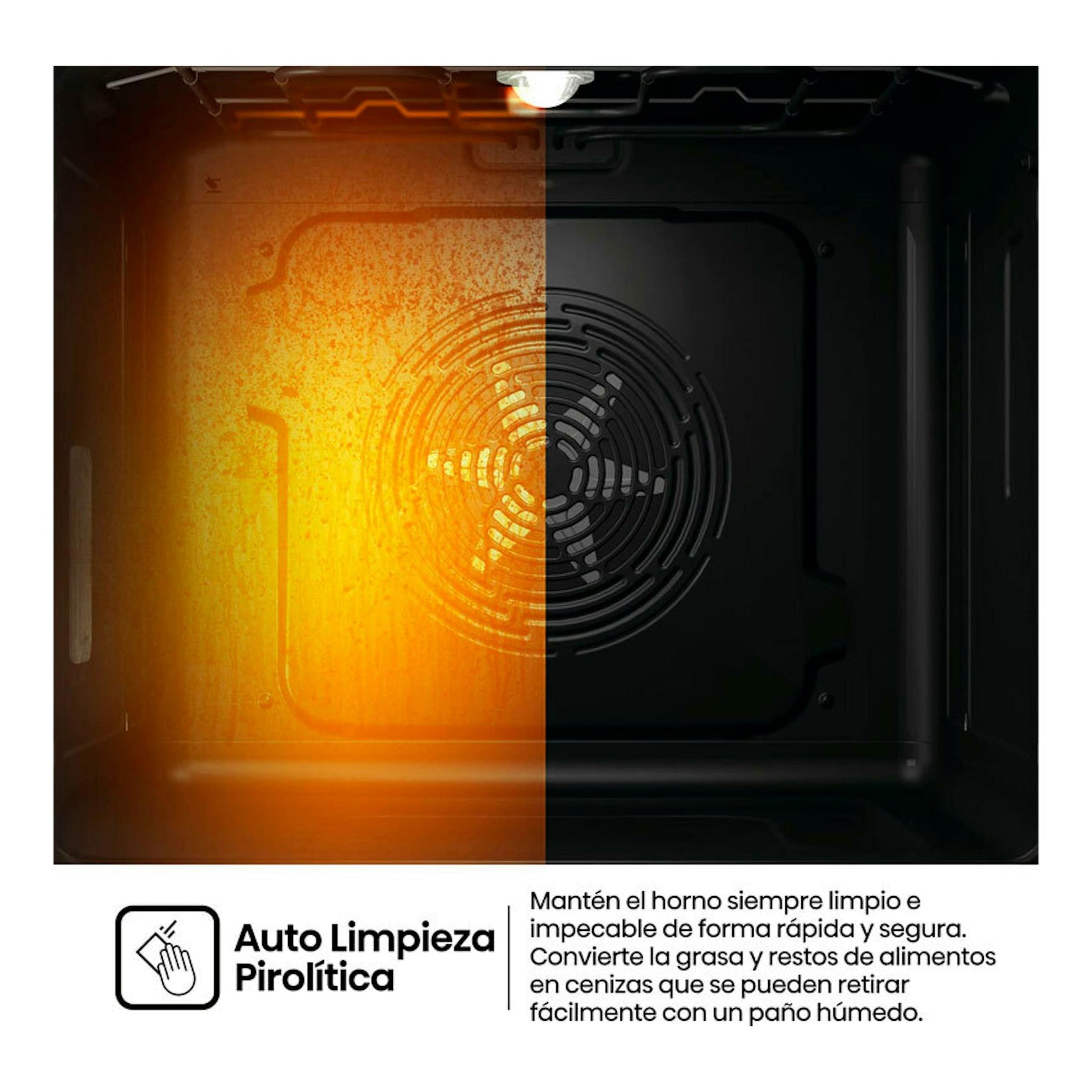 Interior de horno Hisense BI614P8B en vista frontal, mitad iluminada en naranja y ventilador circular central.