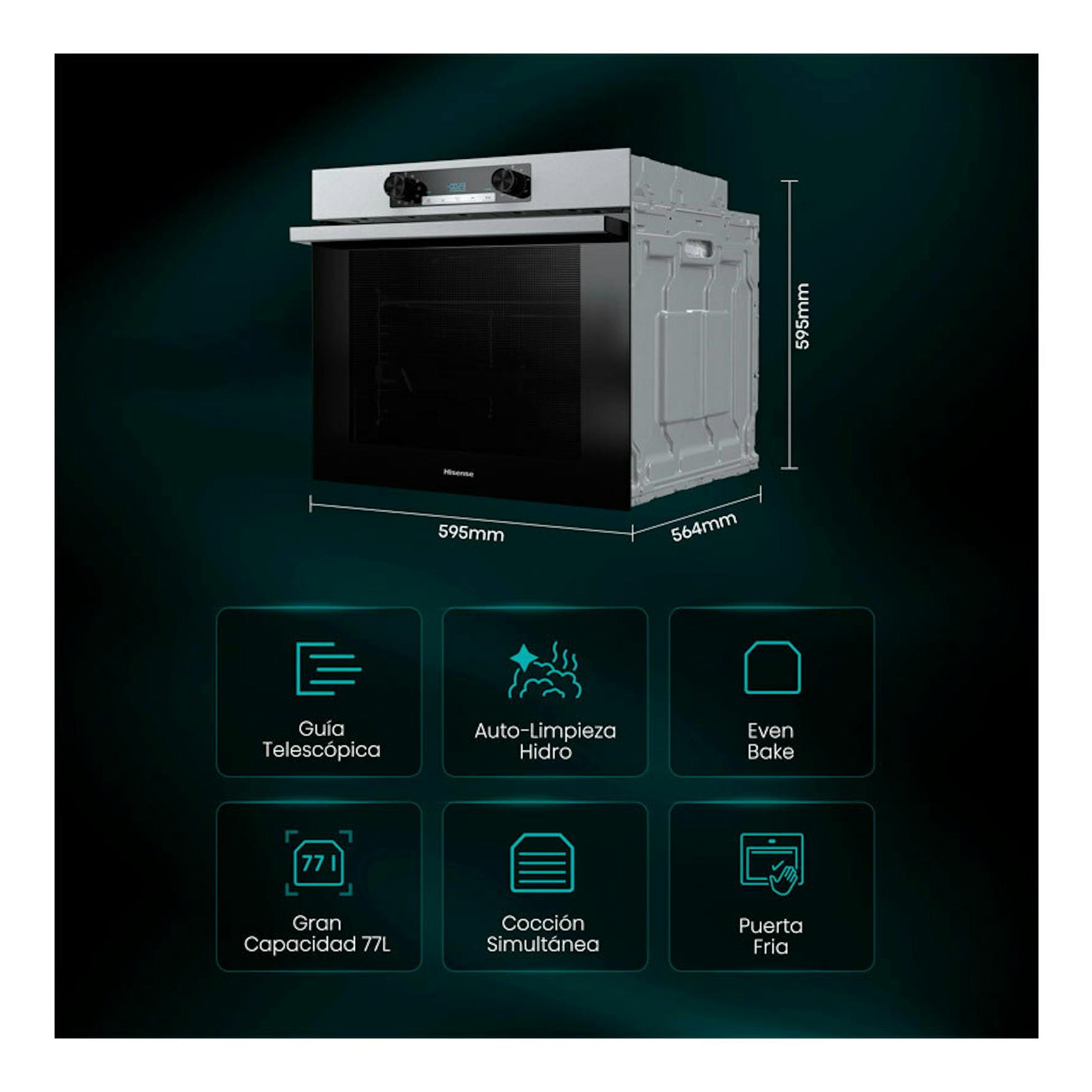 Horno Hisense BI62216AX inox, vista frontal en ángulo, con panel negro y medidas indicadas.