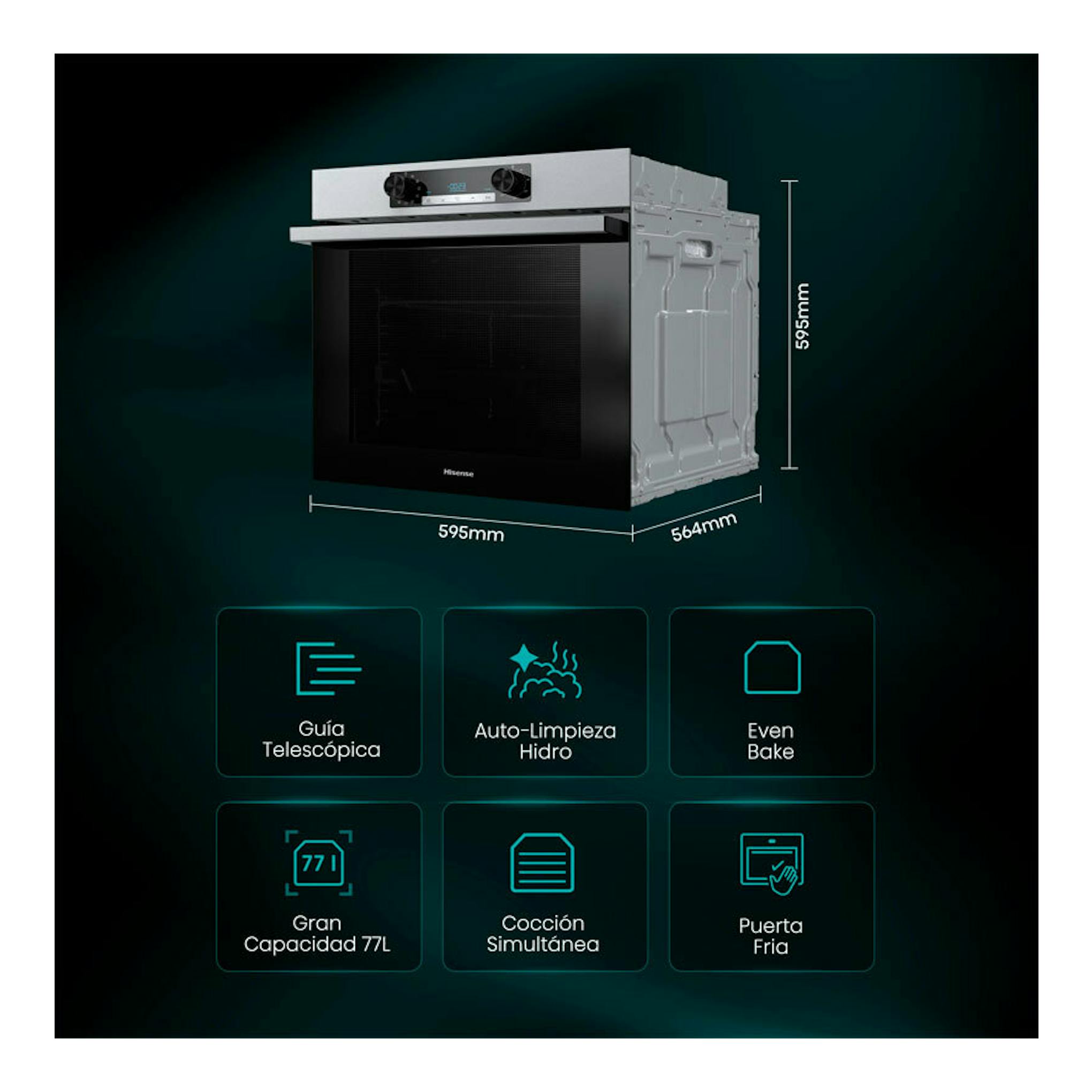 Horno Hisense BI62216AX inox, vista frontal en ángulo, con panel negro y medidas indicadas.