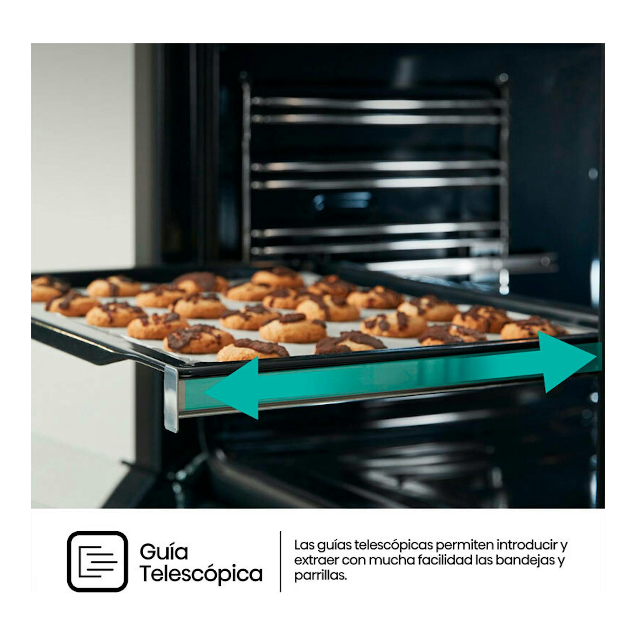 Horno Hisense BI62216AX inox, vista frontal interior, con bandeja de galletas sobre guía telescópica.