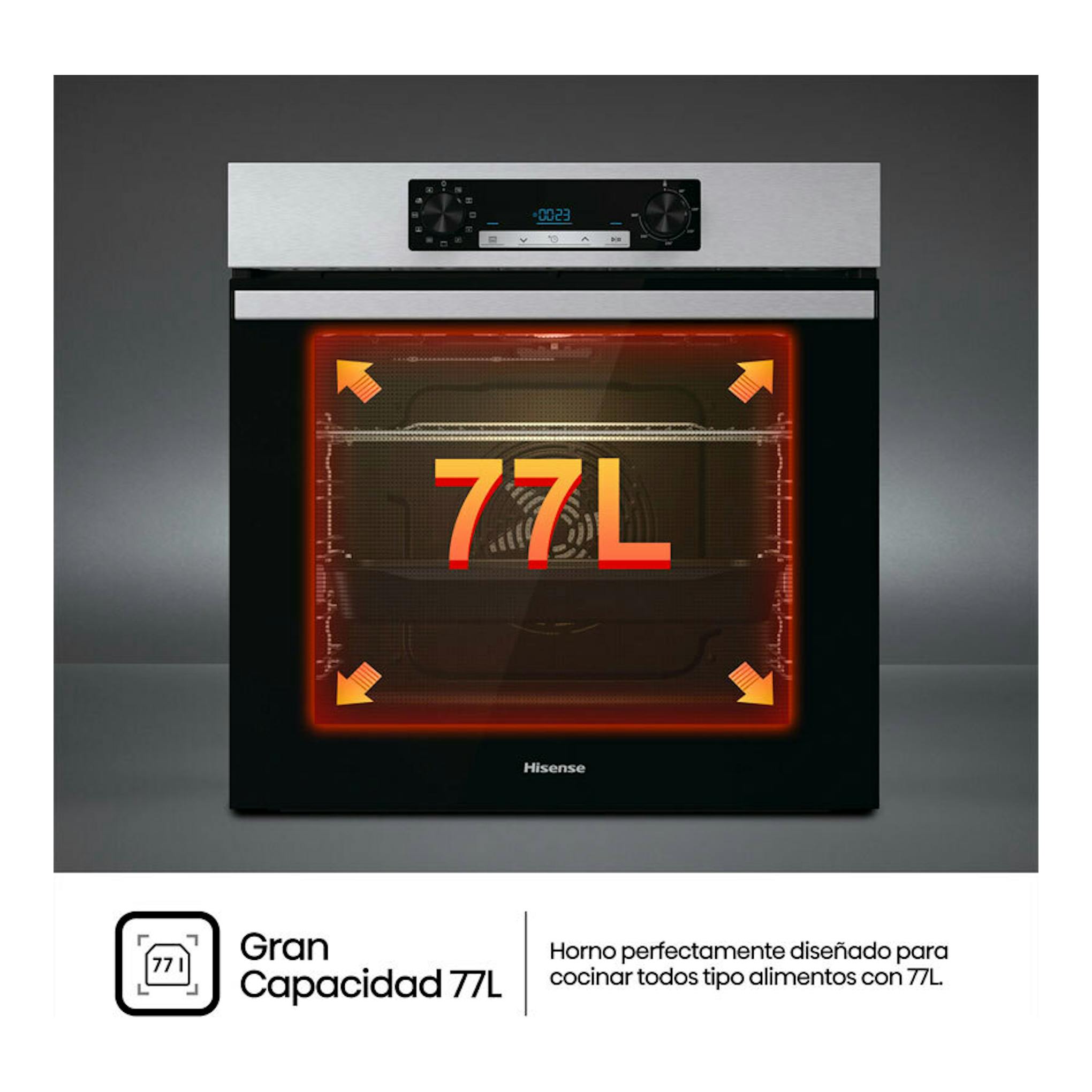 Hisense BI62216AX, horno empotrable de inox y cristal negro, vista frontal con display y dos mandos.